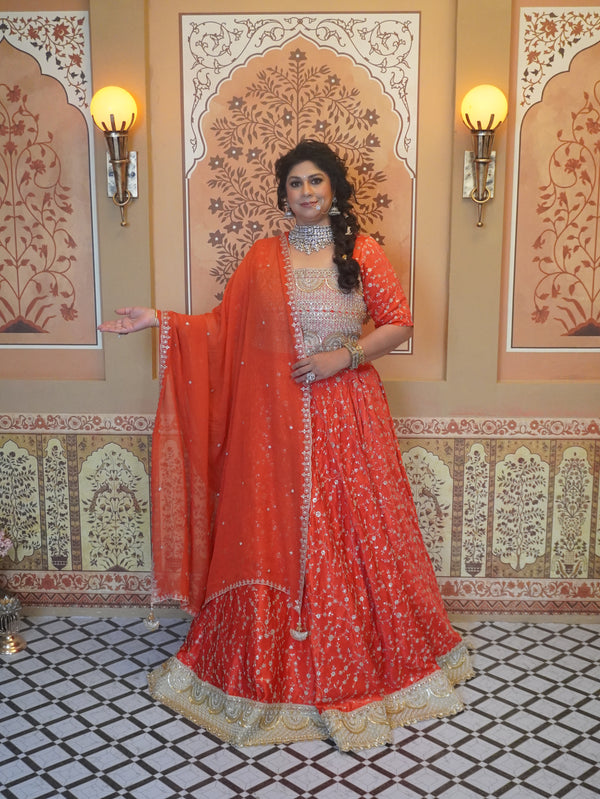 Orange modal silk with gold embroidery ghagra/choli with mirror lace and georgette dupatta
