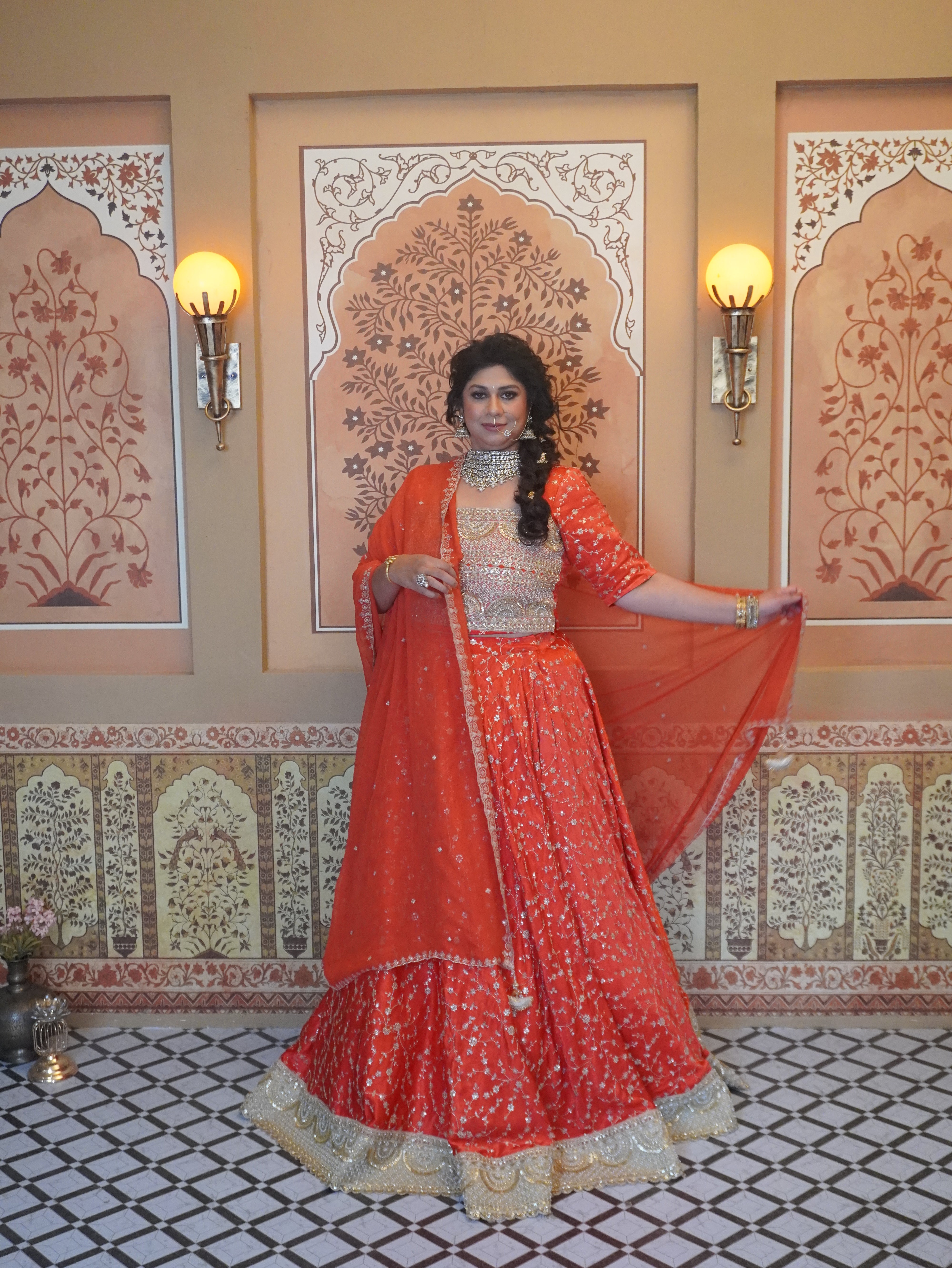 Orange modal silk with gold embroidery ghagra/choli with mirror lace and georgette dupatta