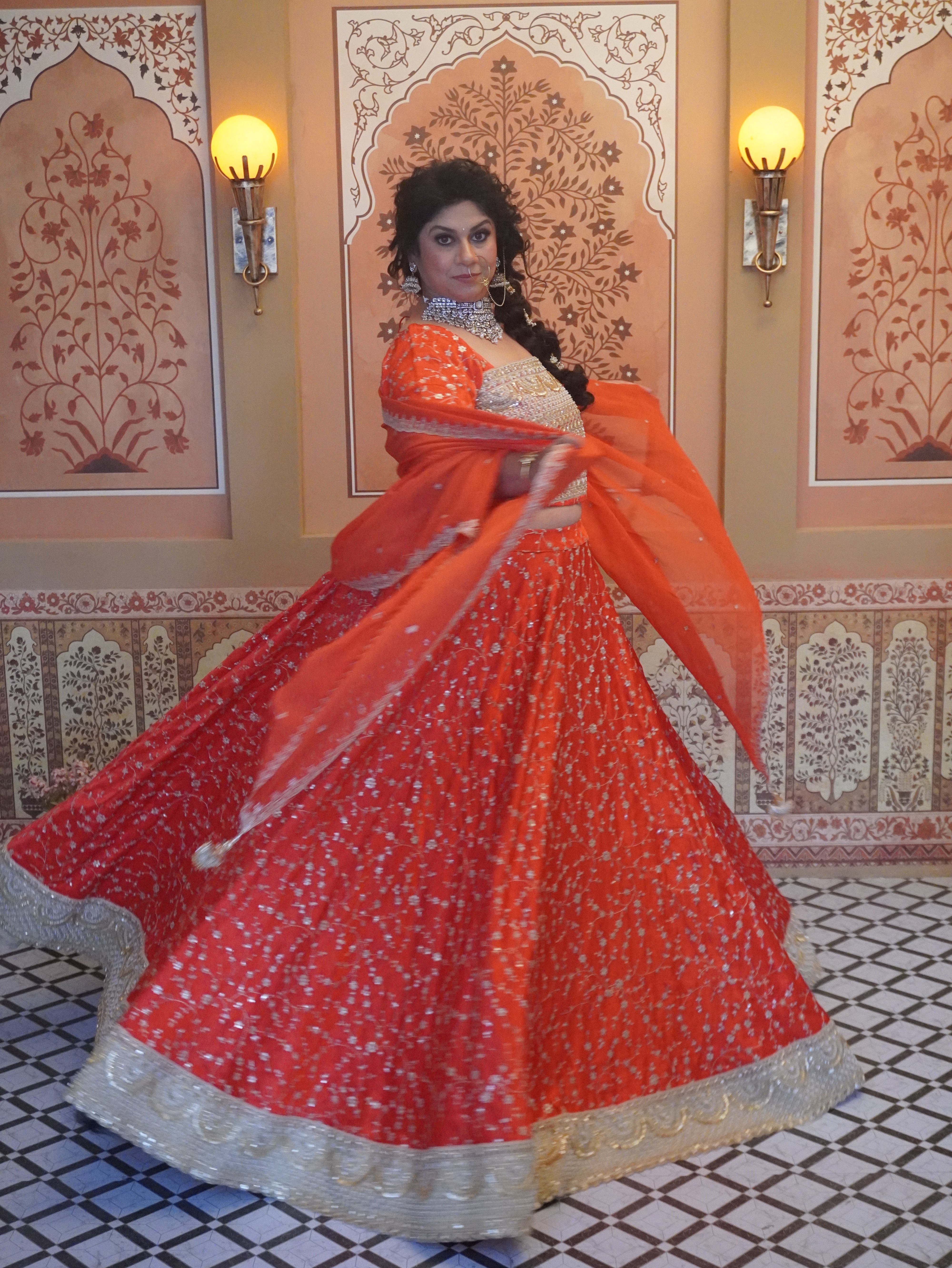 Orange modal silk with gold embroidery ghagra/choli with mirror lace and georgette dupatta