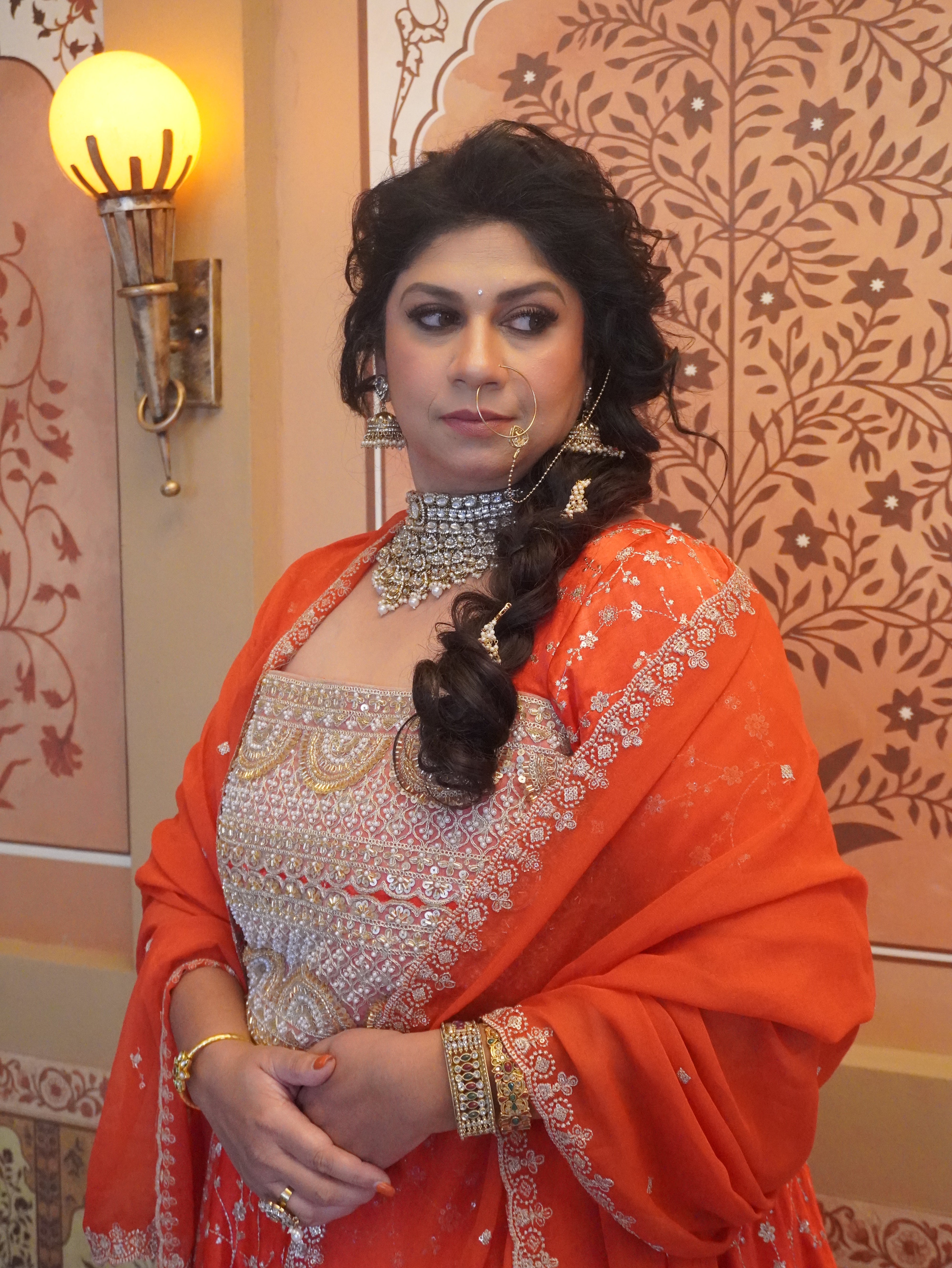 Orange modal silk with gold embroidery ghagra/choli with mirror lace and georgette dupatta