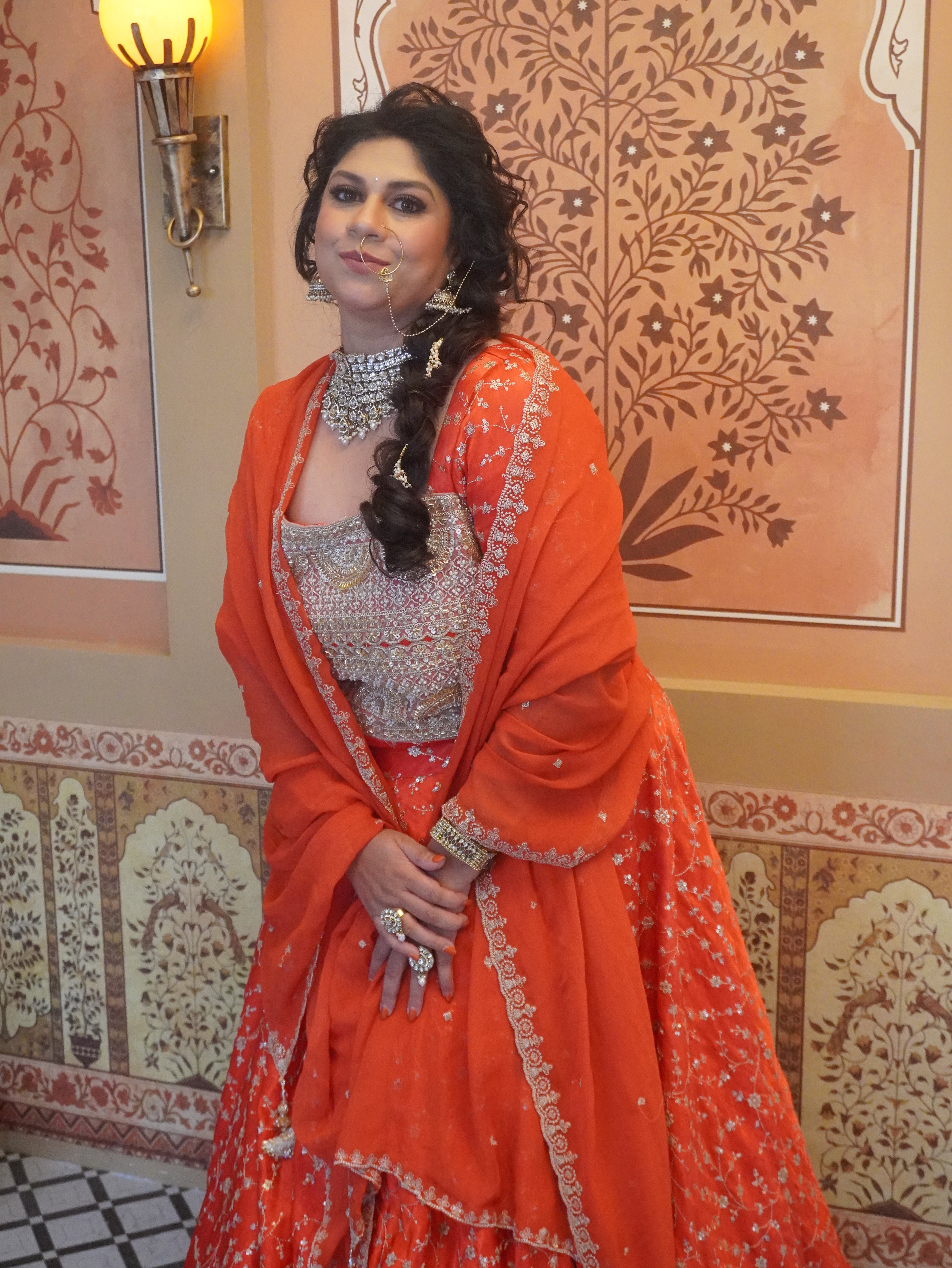 Orange modal silk with gold embroidery ghagra/choli with mirror lace and georgette dupatta
