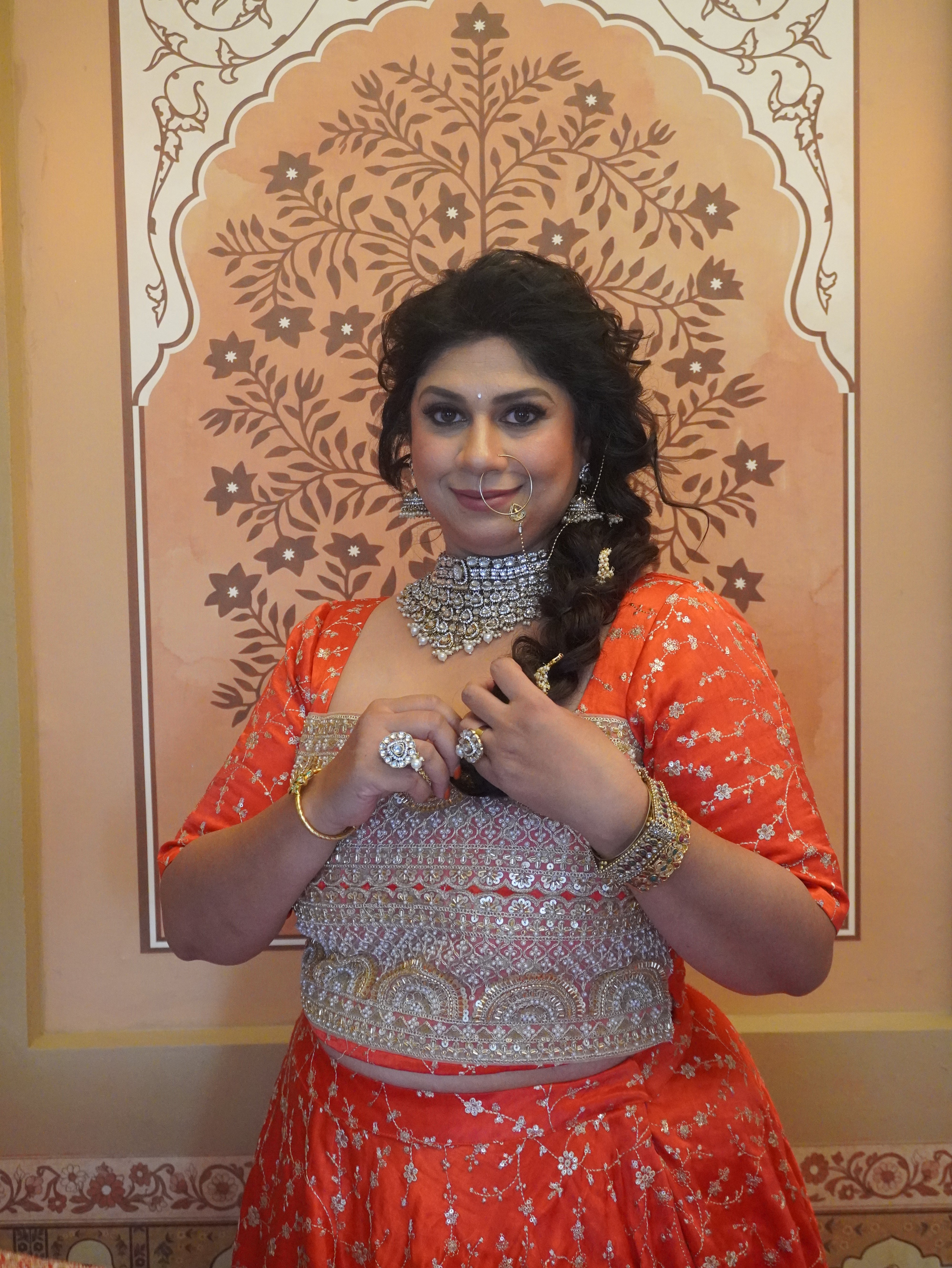 Orange modal silk with gold embroidery ghagra/choli with mirror lace and georgette dupatta