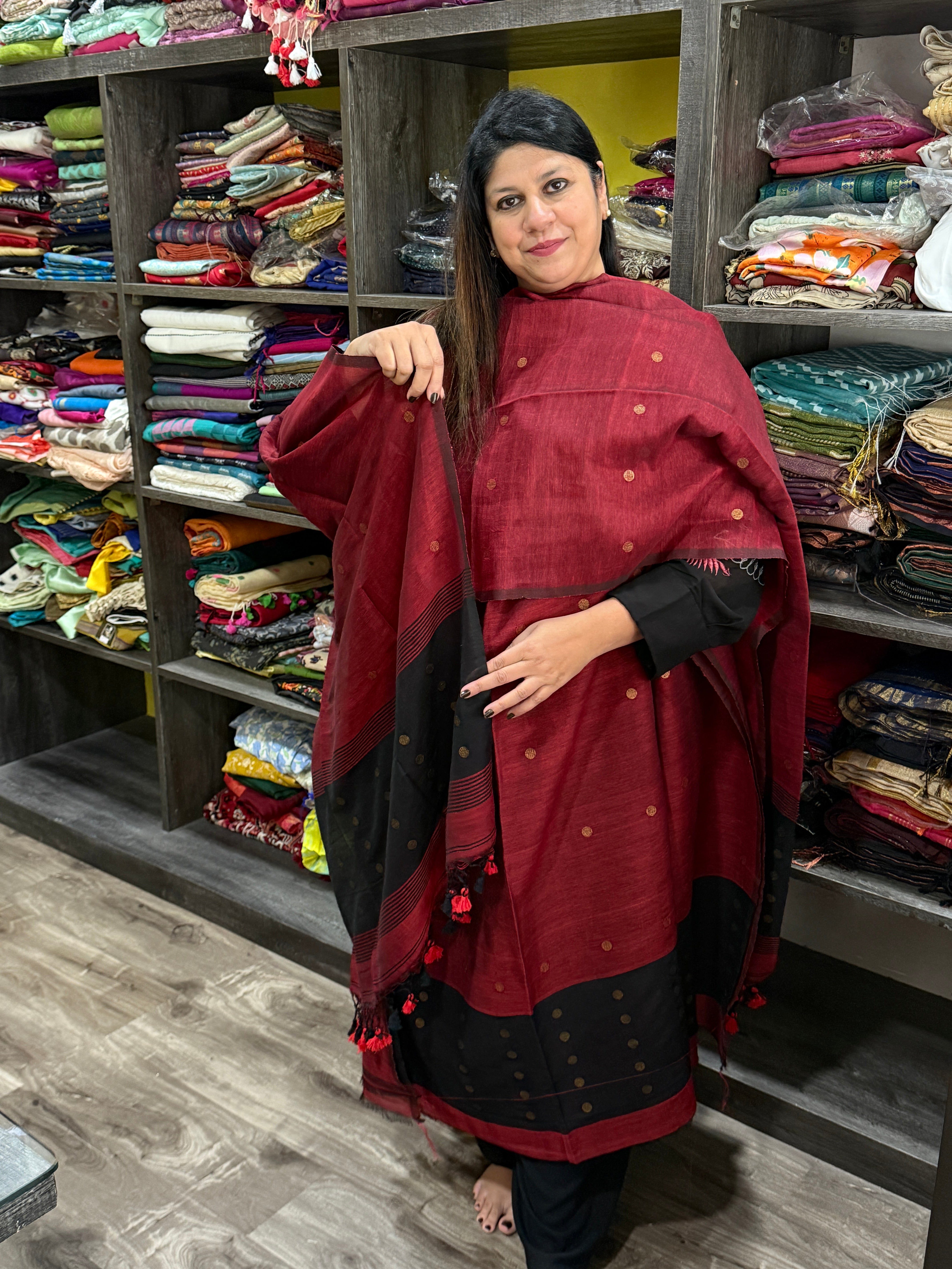 Red and black linen kurta dupatta set