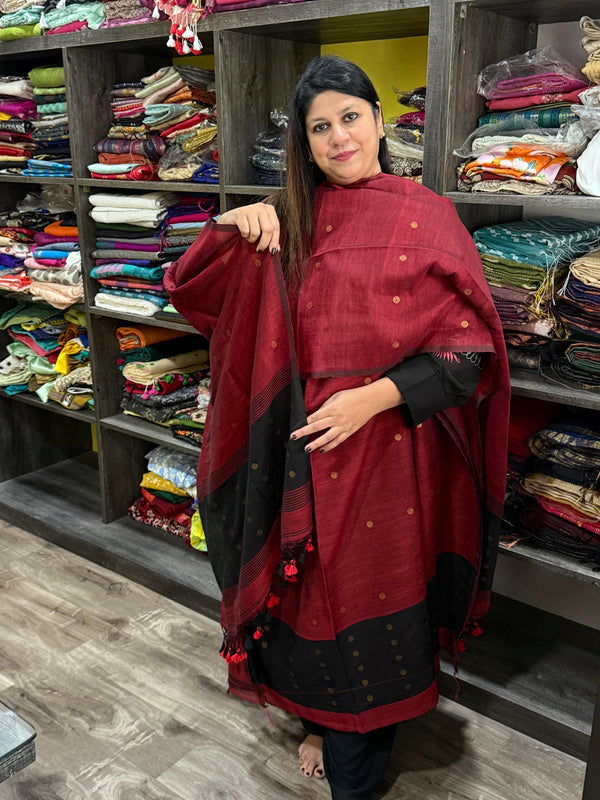 Red and black linen kurta dupatta set