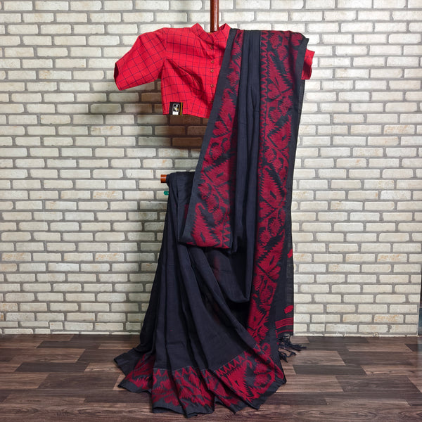 Black Red Jamdani Linen Saree