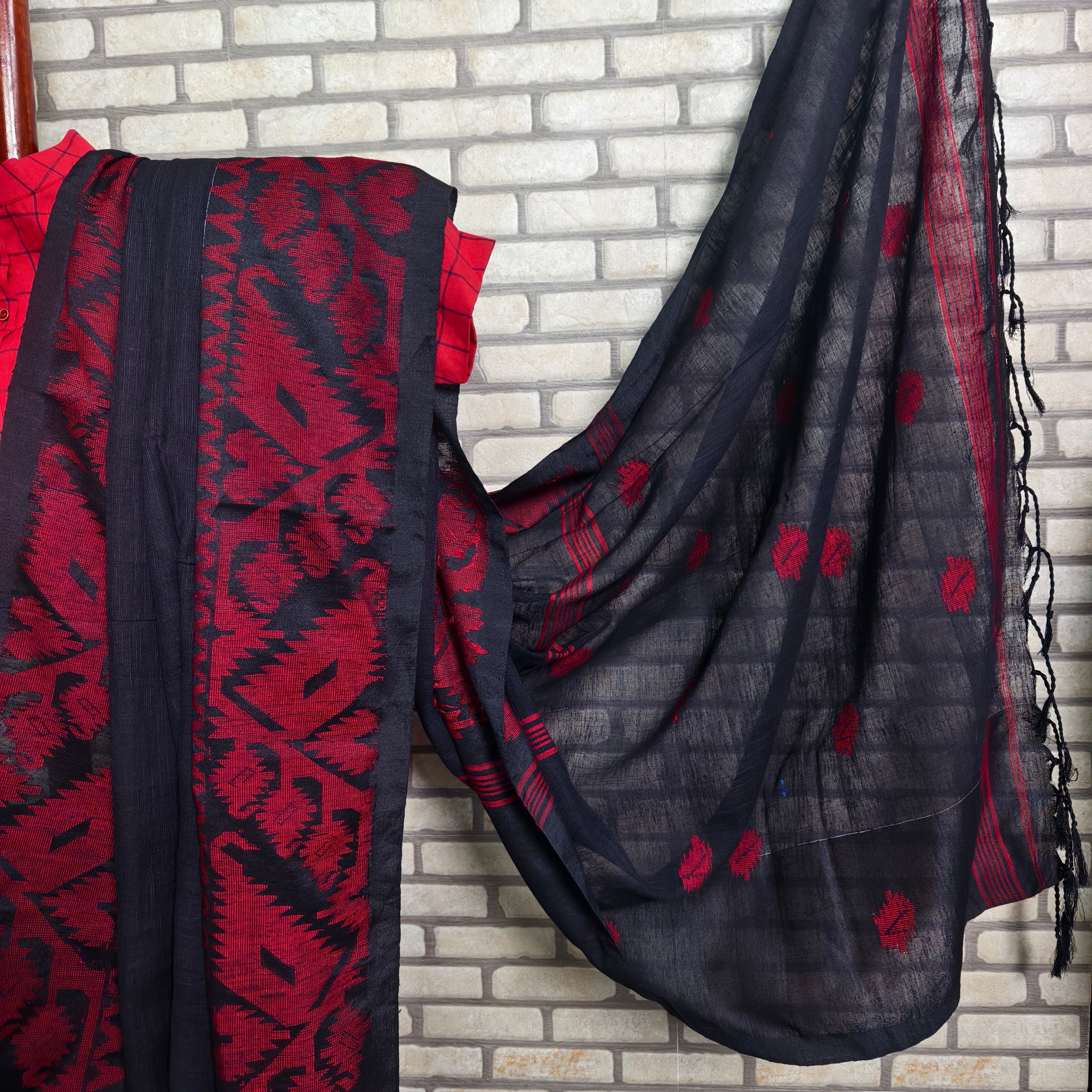 Black Red Jamdani Linen Saree