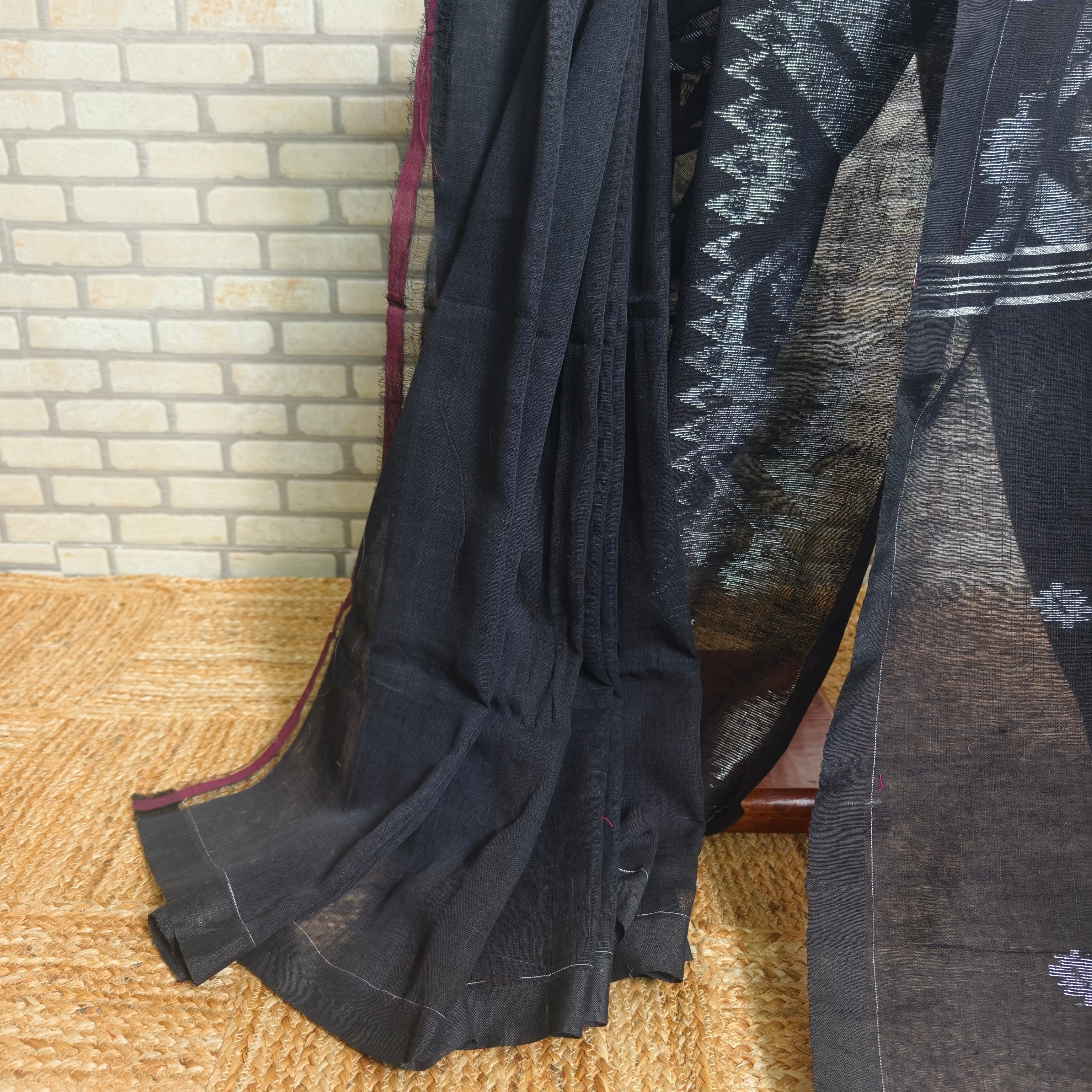 Black Linen Saree With Silver Jamdani