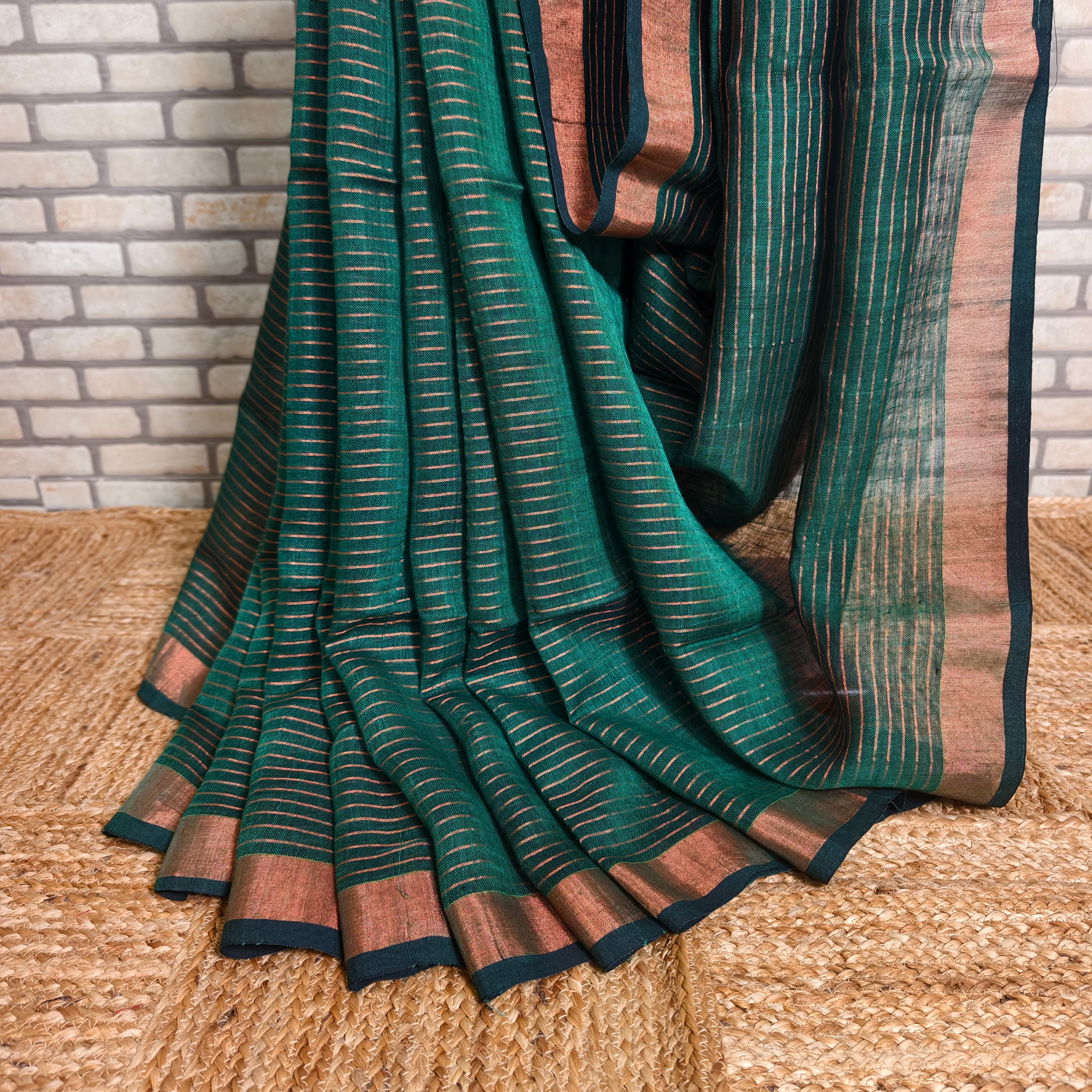 Bottle Green Rust Stripes Linen Saree