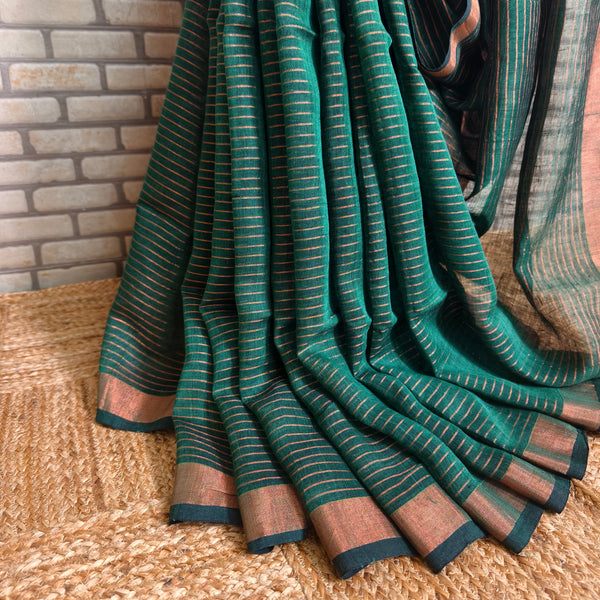 Bottle Green Rust Stripes Linen Saree