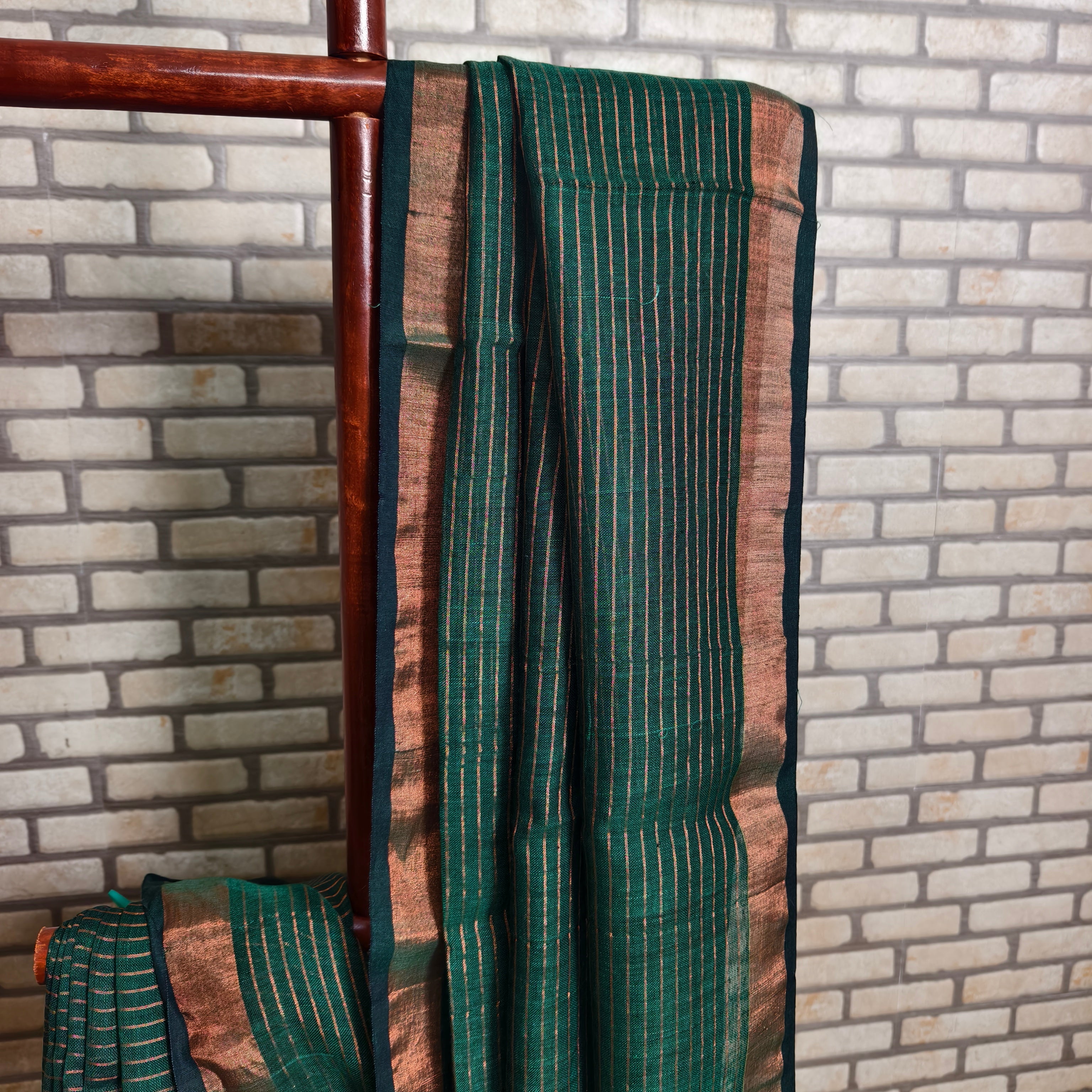 Bottle Green Rust Stripes Linen Saree