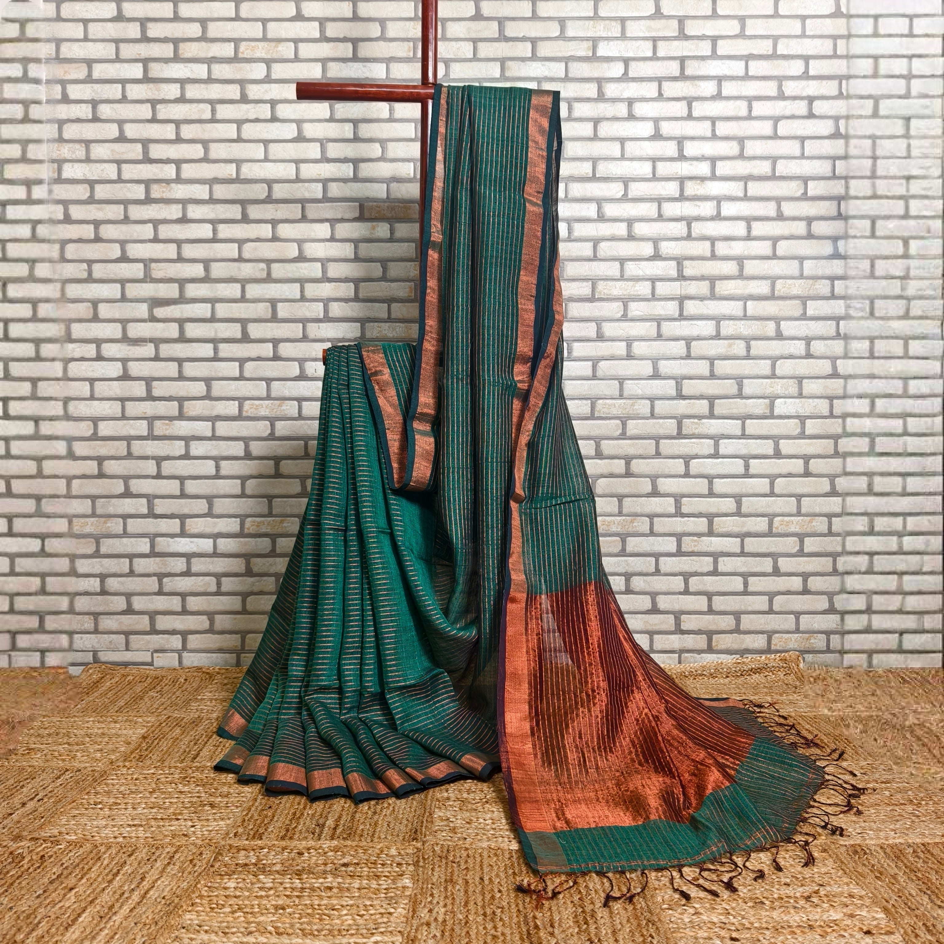 Bottle Green Rust Stripes Linen Saree