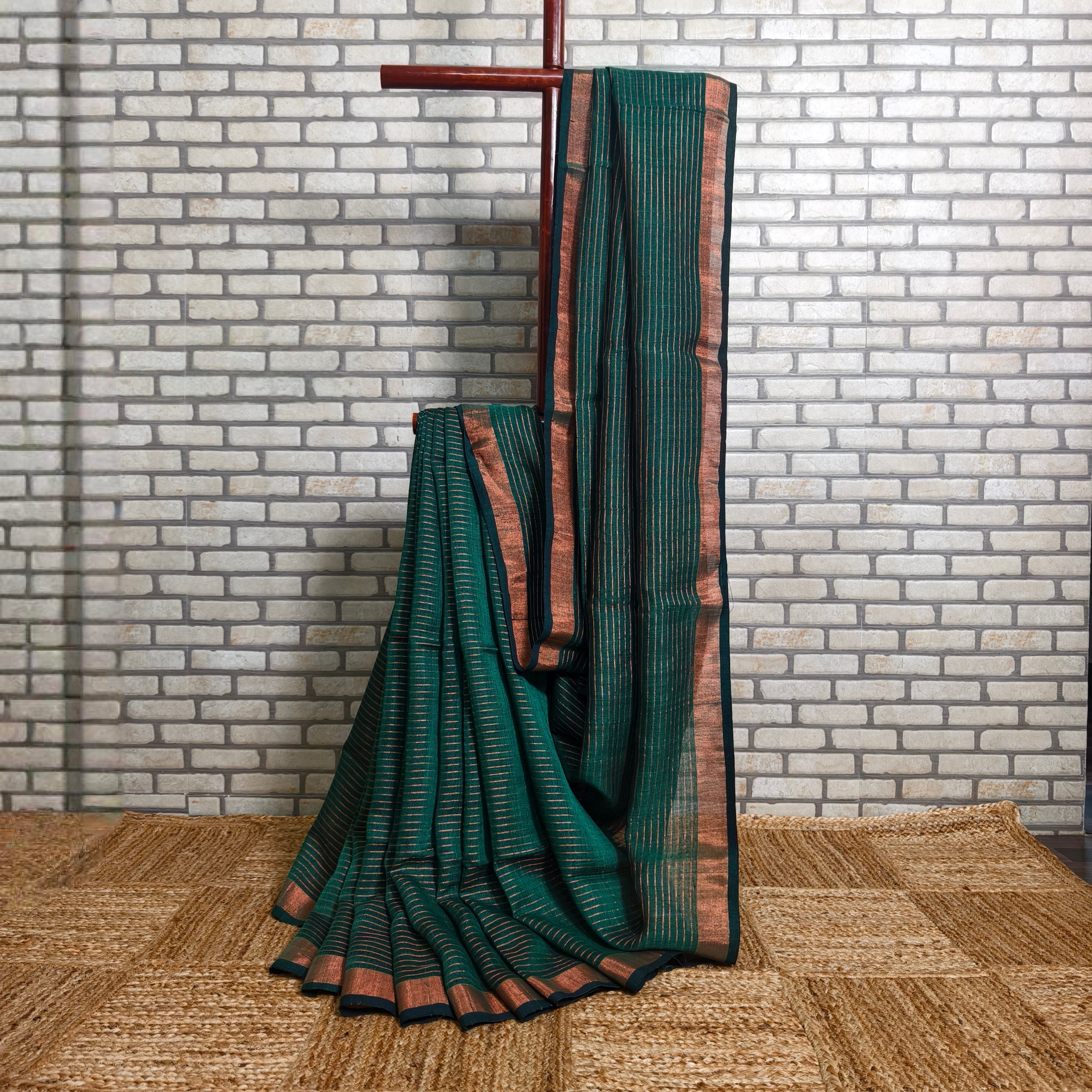 Bottle Green Rust Stripes Linen Saree