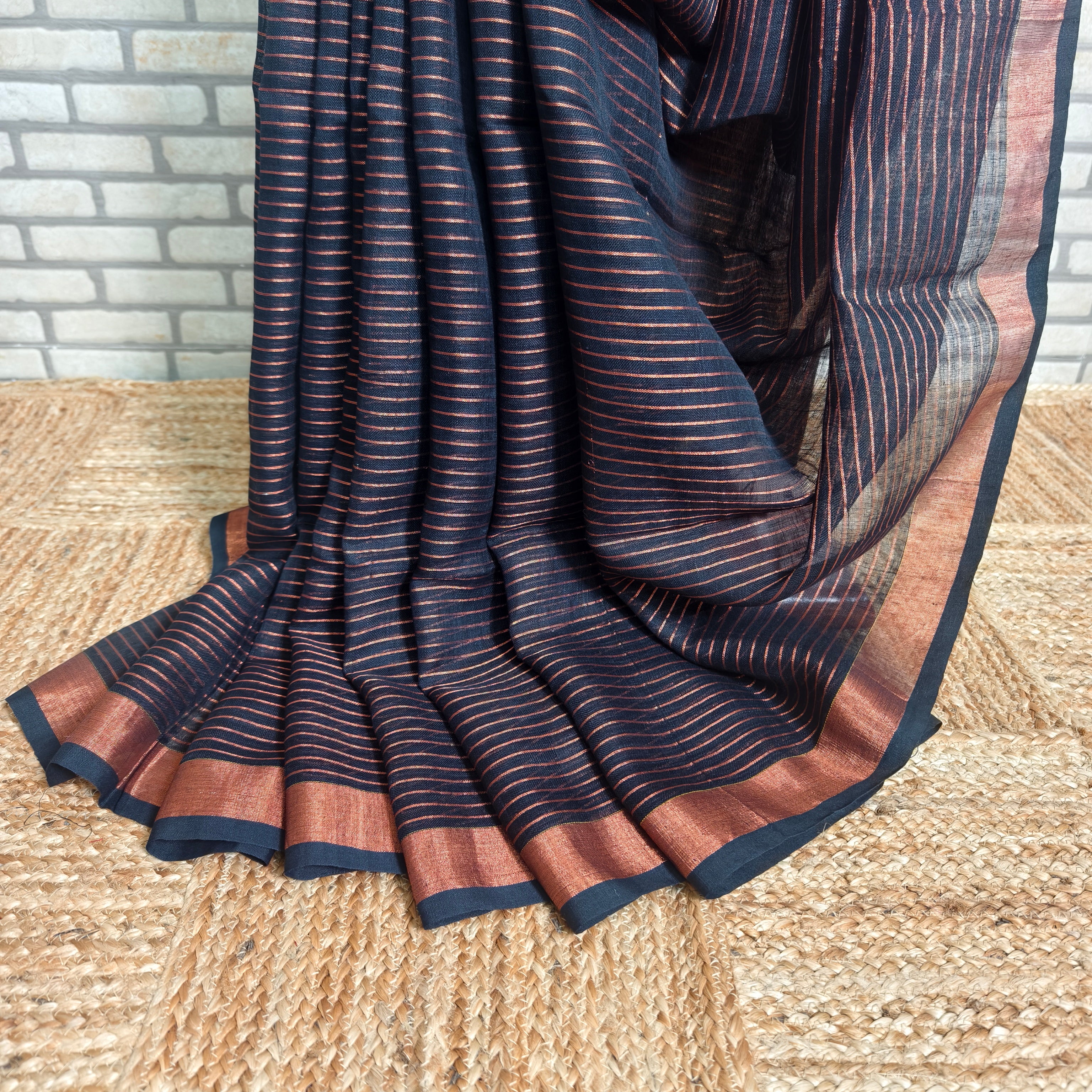 Brown Rust Stripes Linen Saree