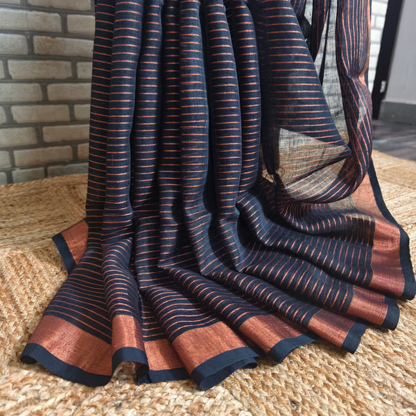 Brown Rust Stripes Linen Saree