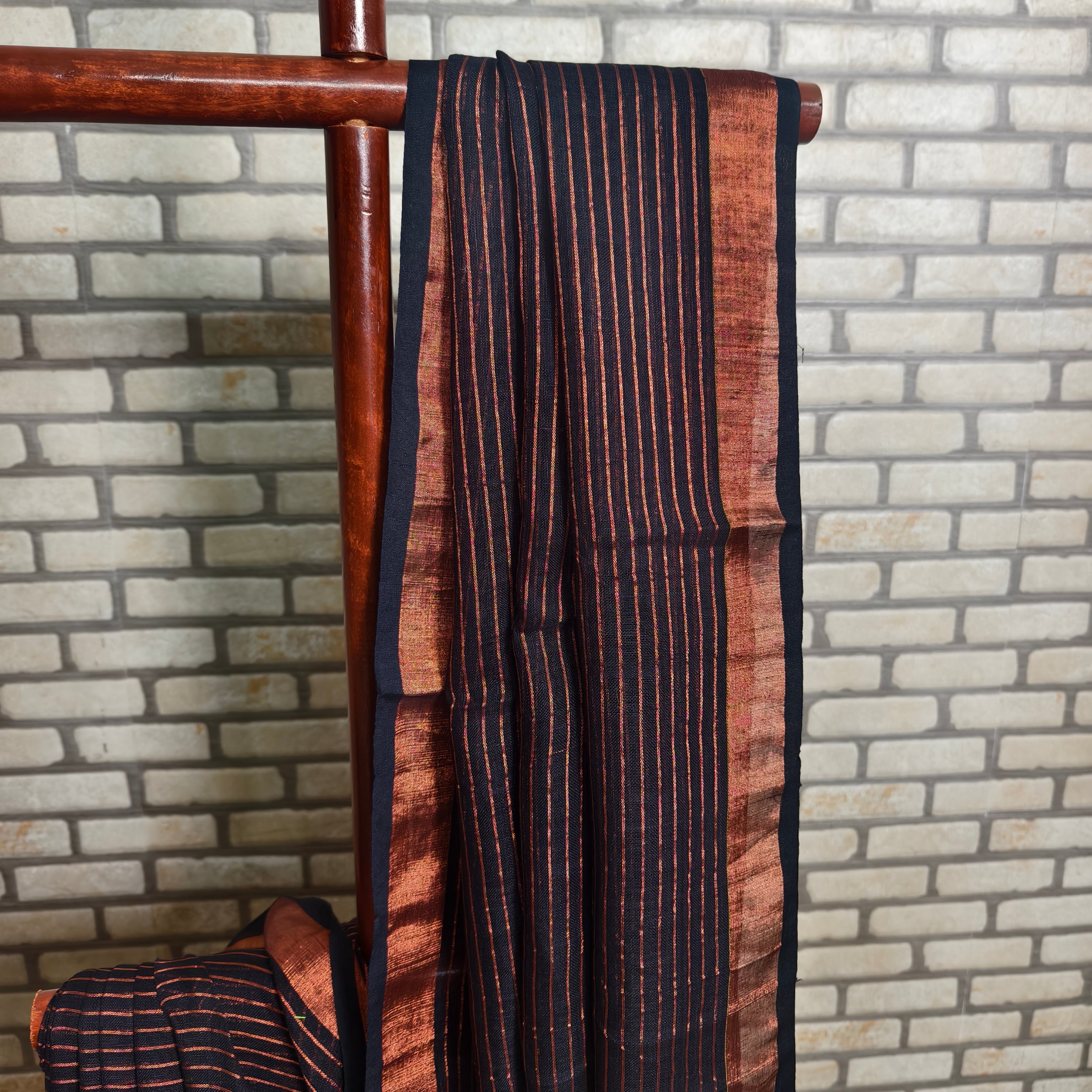 Brown Rust Stripes Linen Saree
