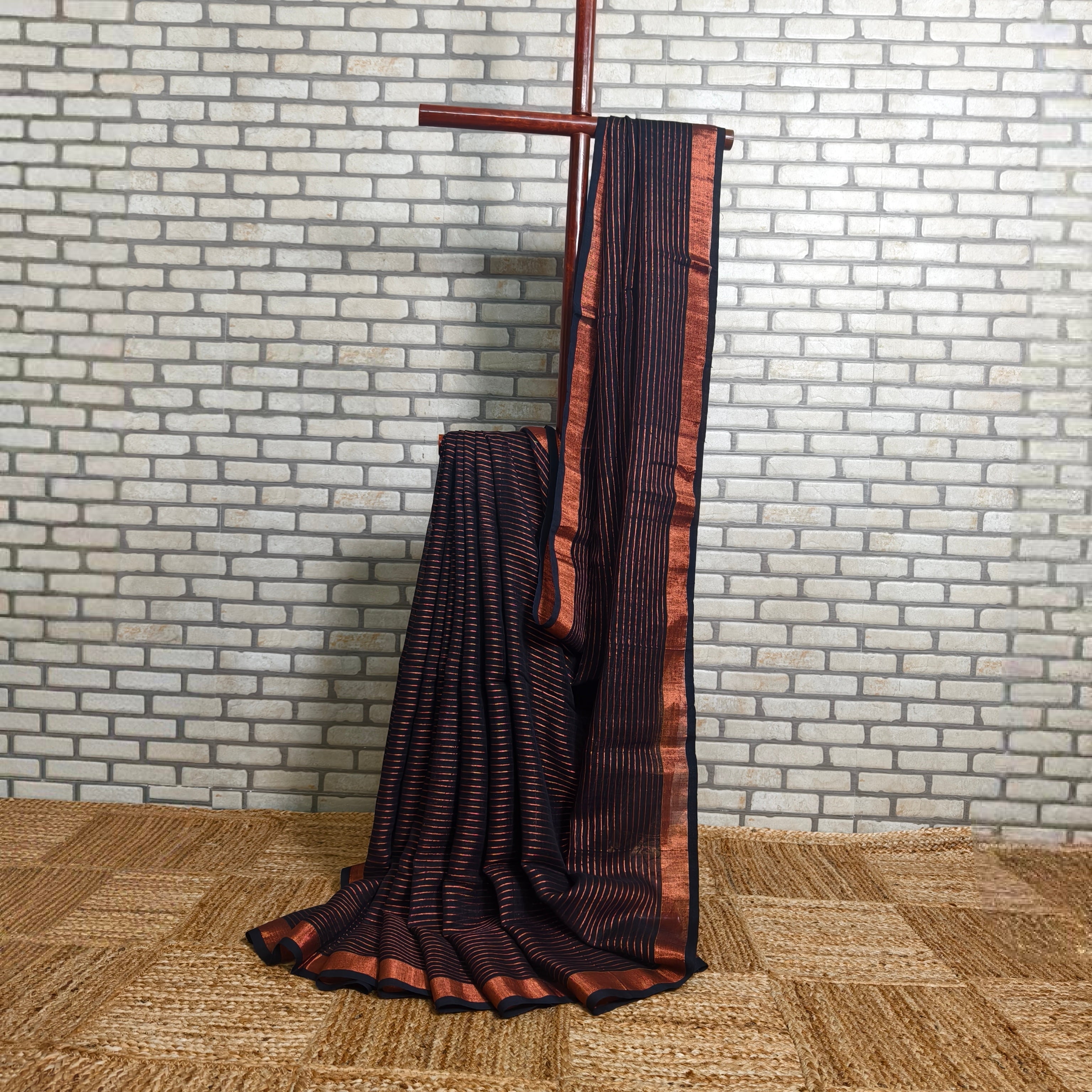Brown Rust Stripes Linen Saree