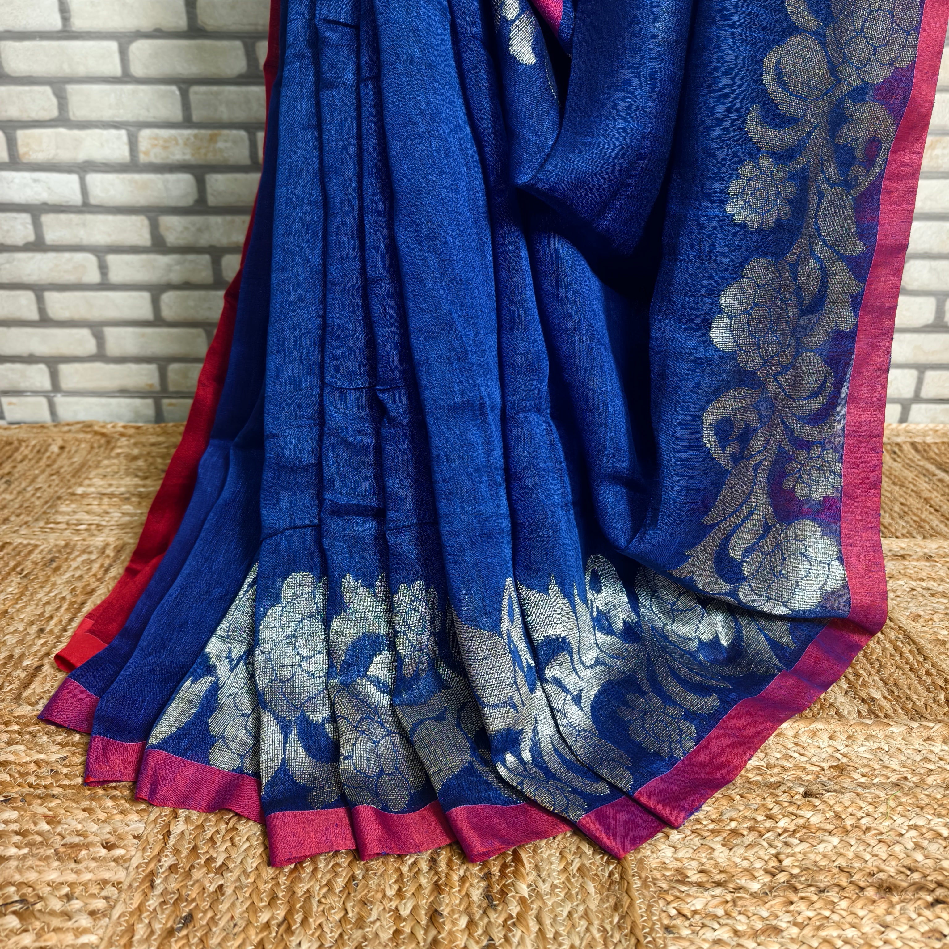 Royal Blue Linen Saree Silver Jamdani