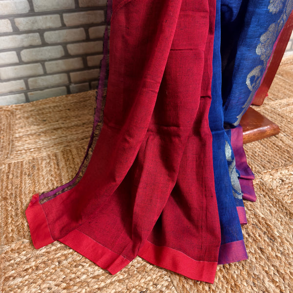 Royal Blue Silver Jamdani Linen Saree