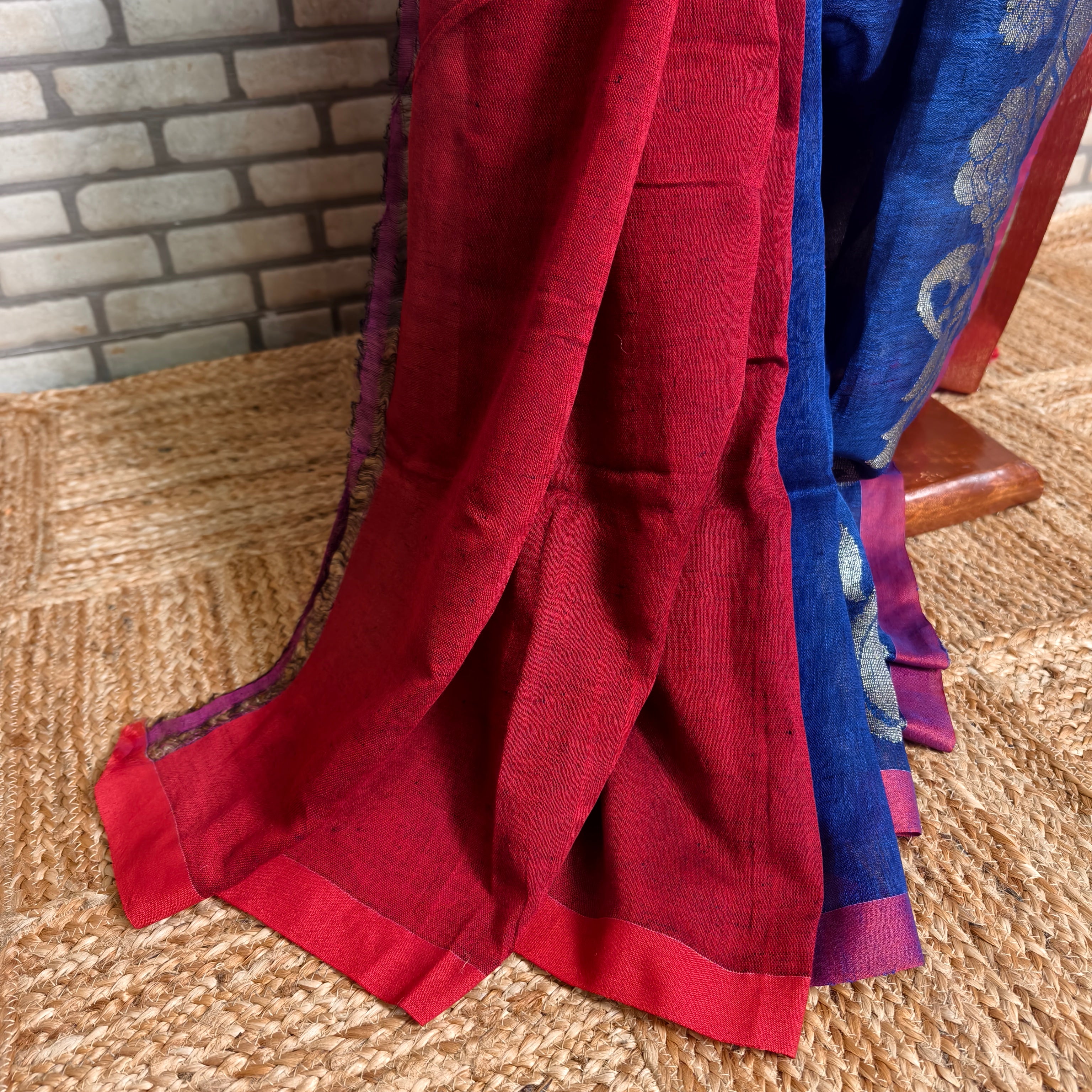 Royal Blue Linen Saree Silver Jamdani