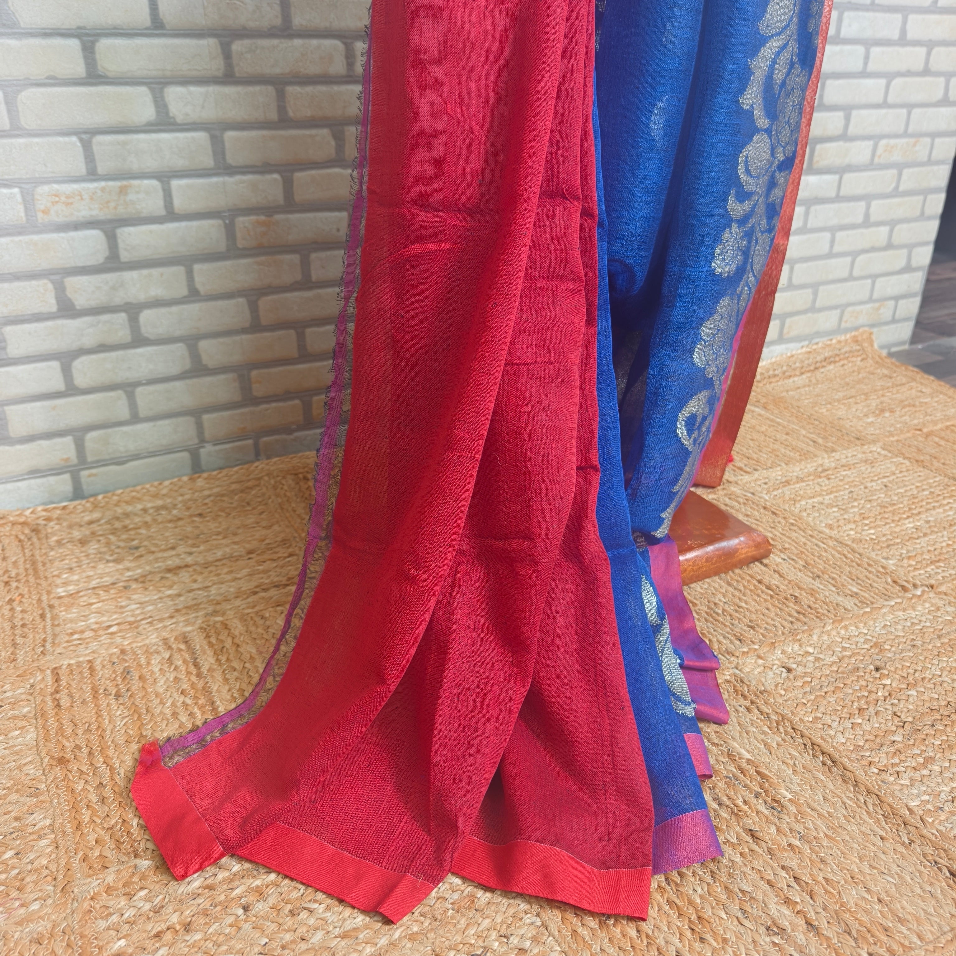 Royal Blue Silver Jamdani Linen Saree