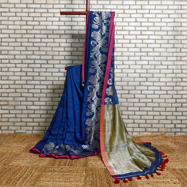 Royal Blue Linen Saree Silver Jamdani
