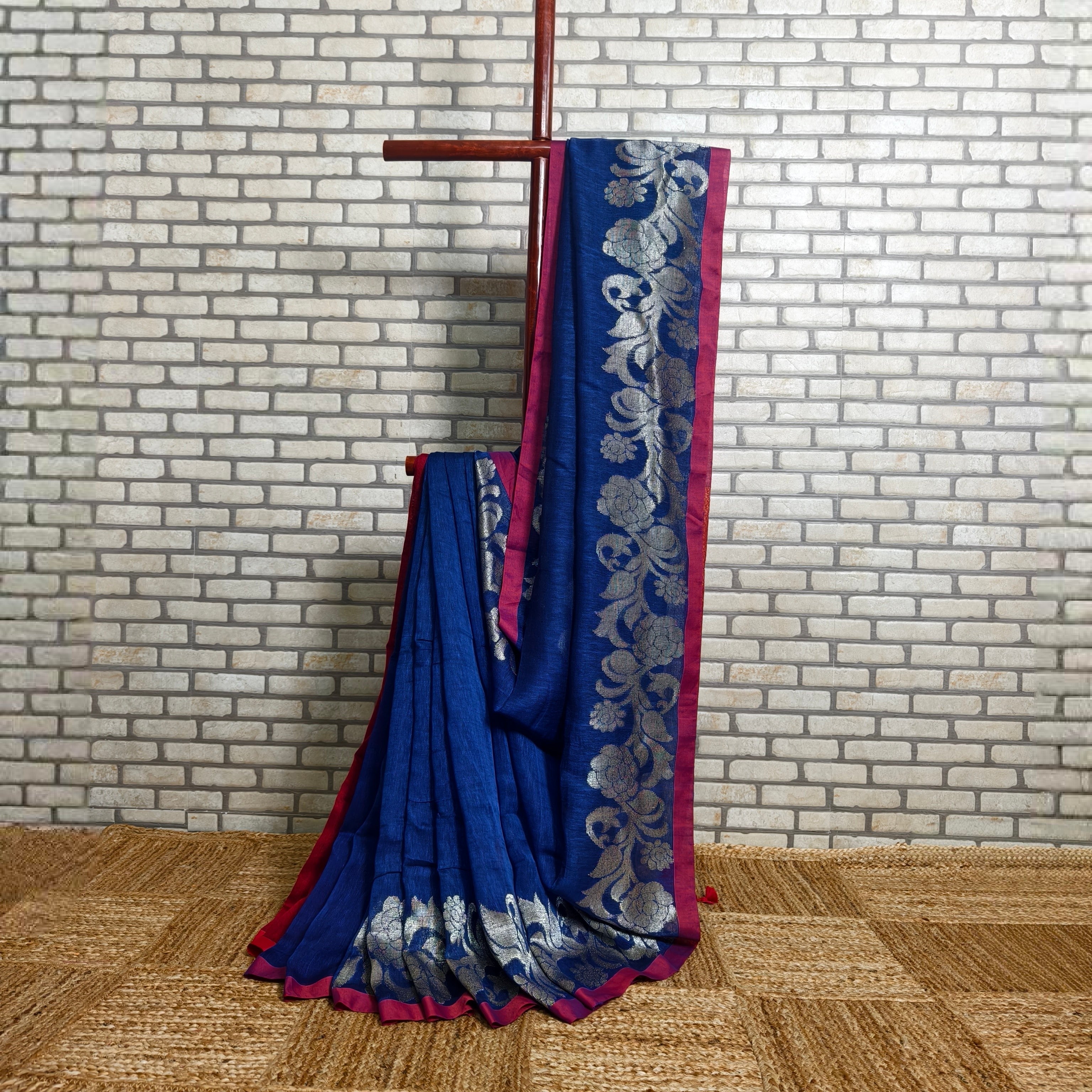 Royal Blue Linen Saree Silver Jamdani