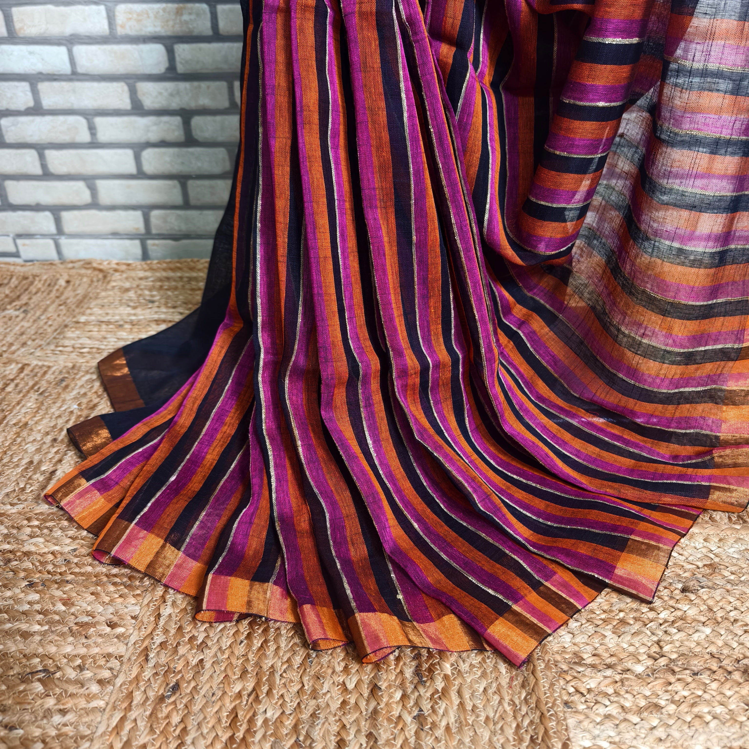 Bold Tricolour stripes linen saree  ( Pink, Orange and Black )