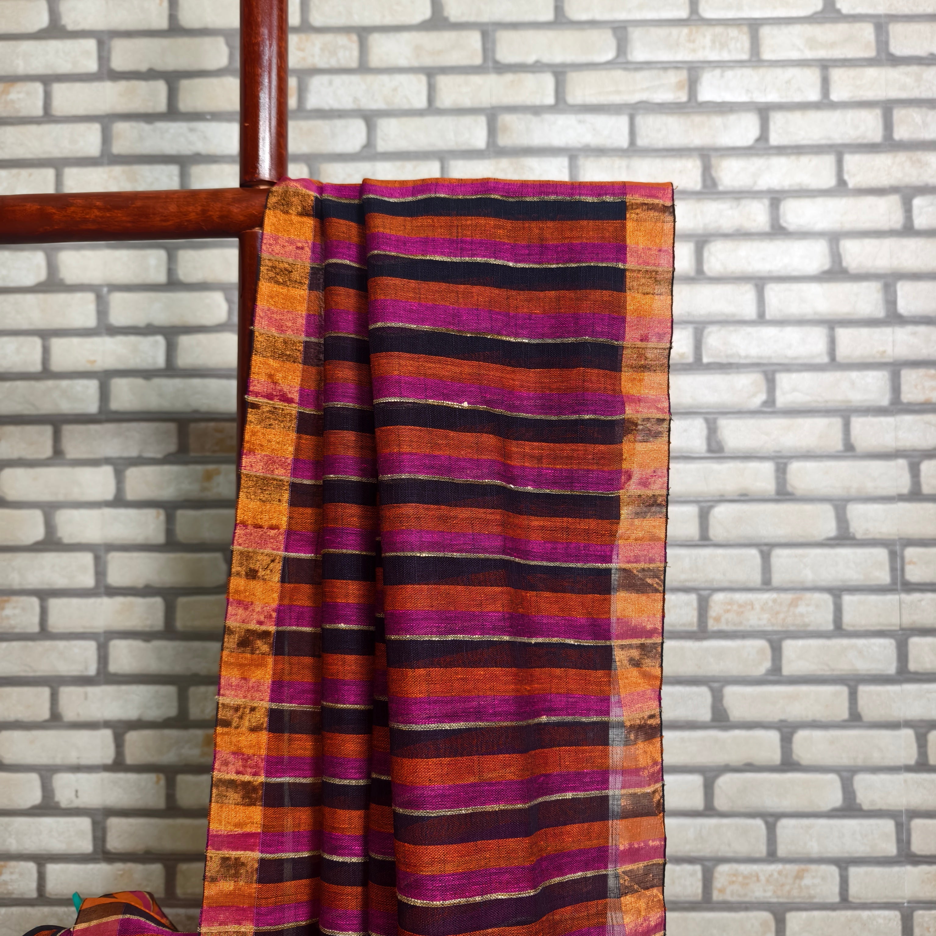 Bold Tricolour stripes linen saree  ( Pink, Orange and Black )