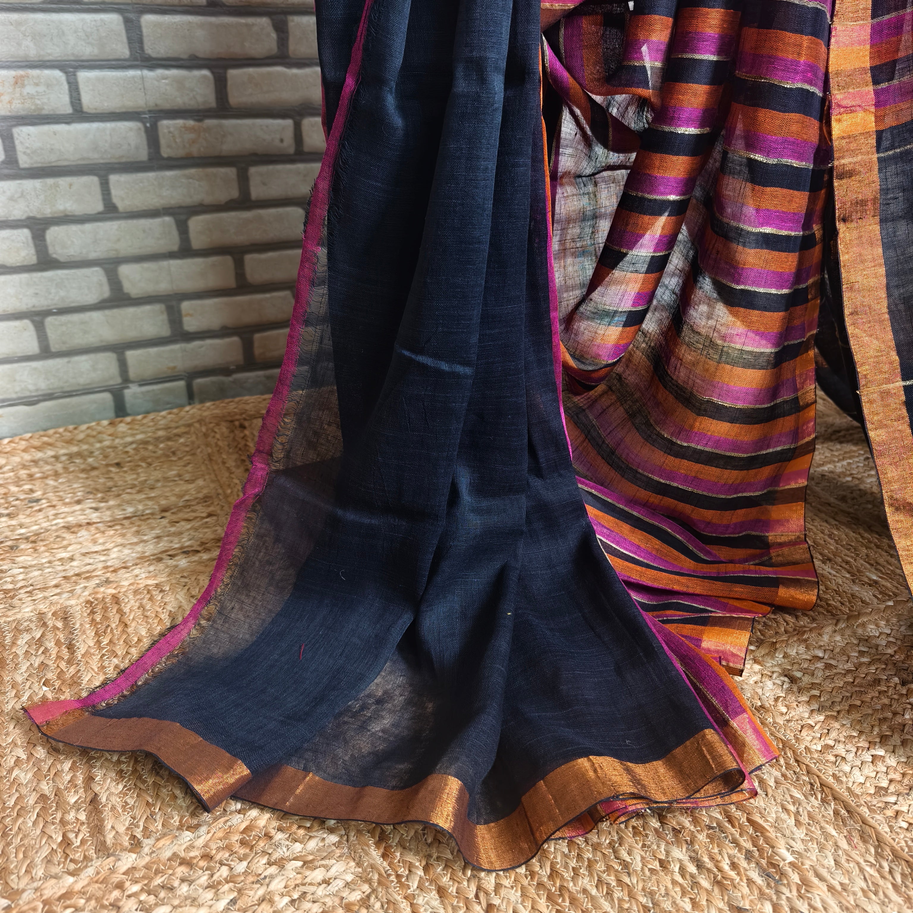 Bold Tricolour stripes linen saree  ( Pink, Orange and Black )