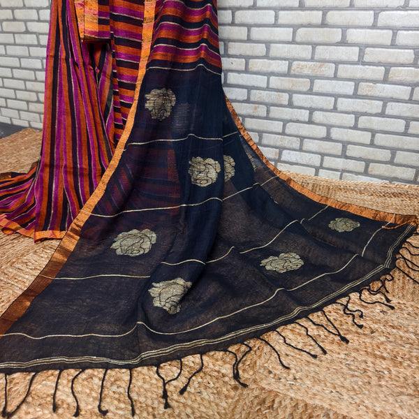 Bold Tricolour stripes linen saree  ( Pink, Orange and Black )