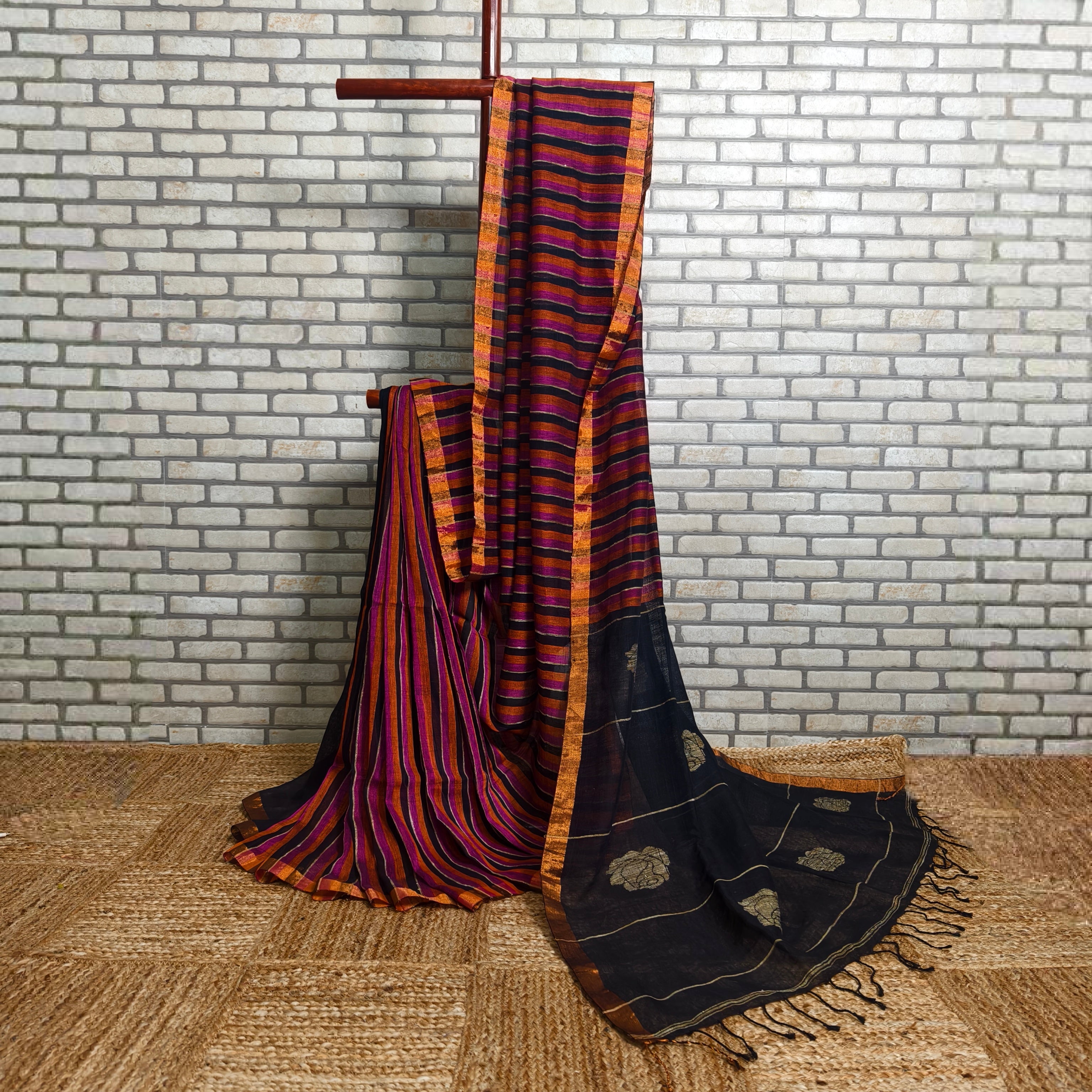 Bold Tricolour stripes linen saree  ( Pink, Orange and Black )