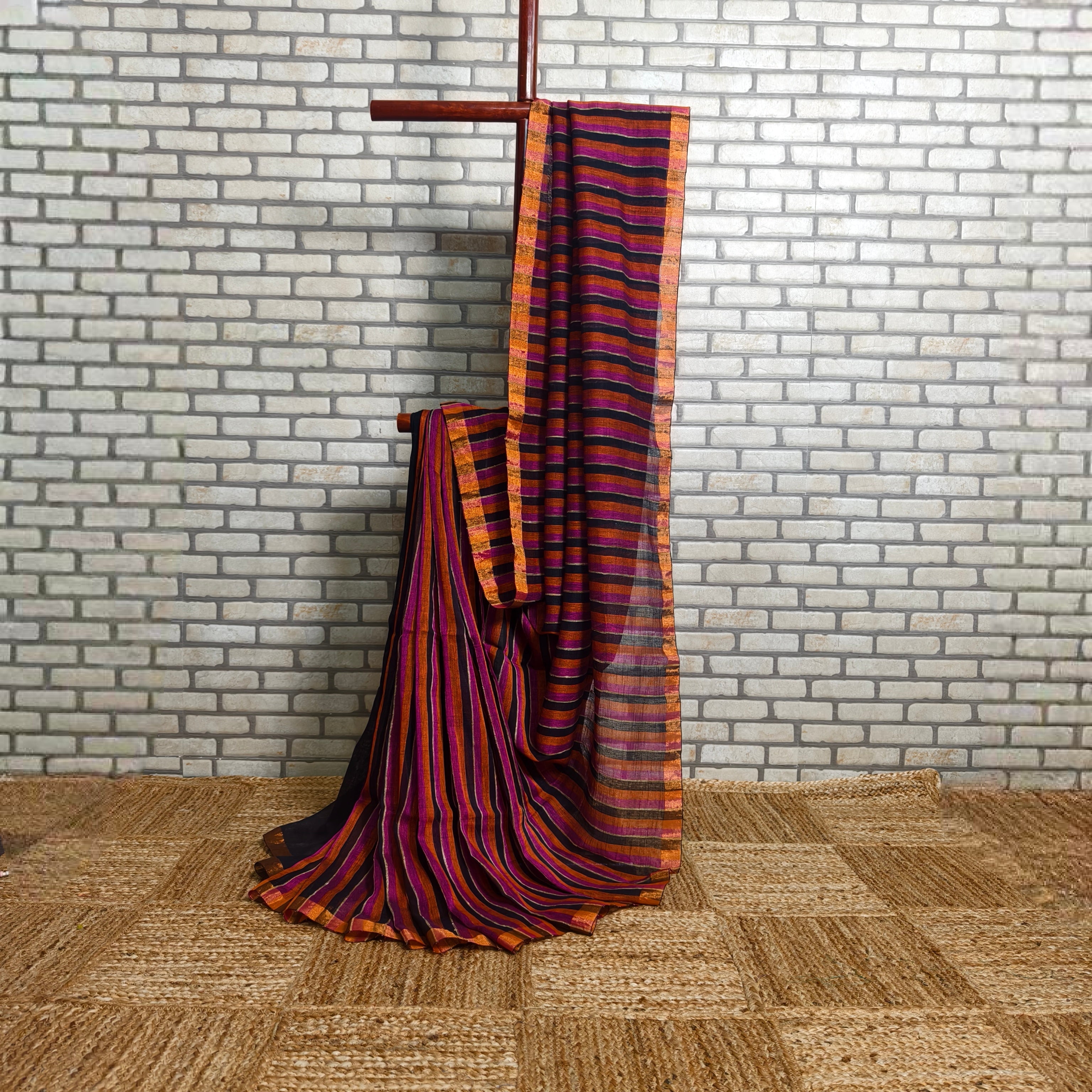 Bold Tricolour stripes linen saree  ( Pink, Orange and Black )