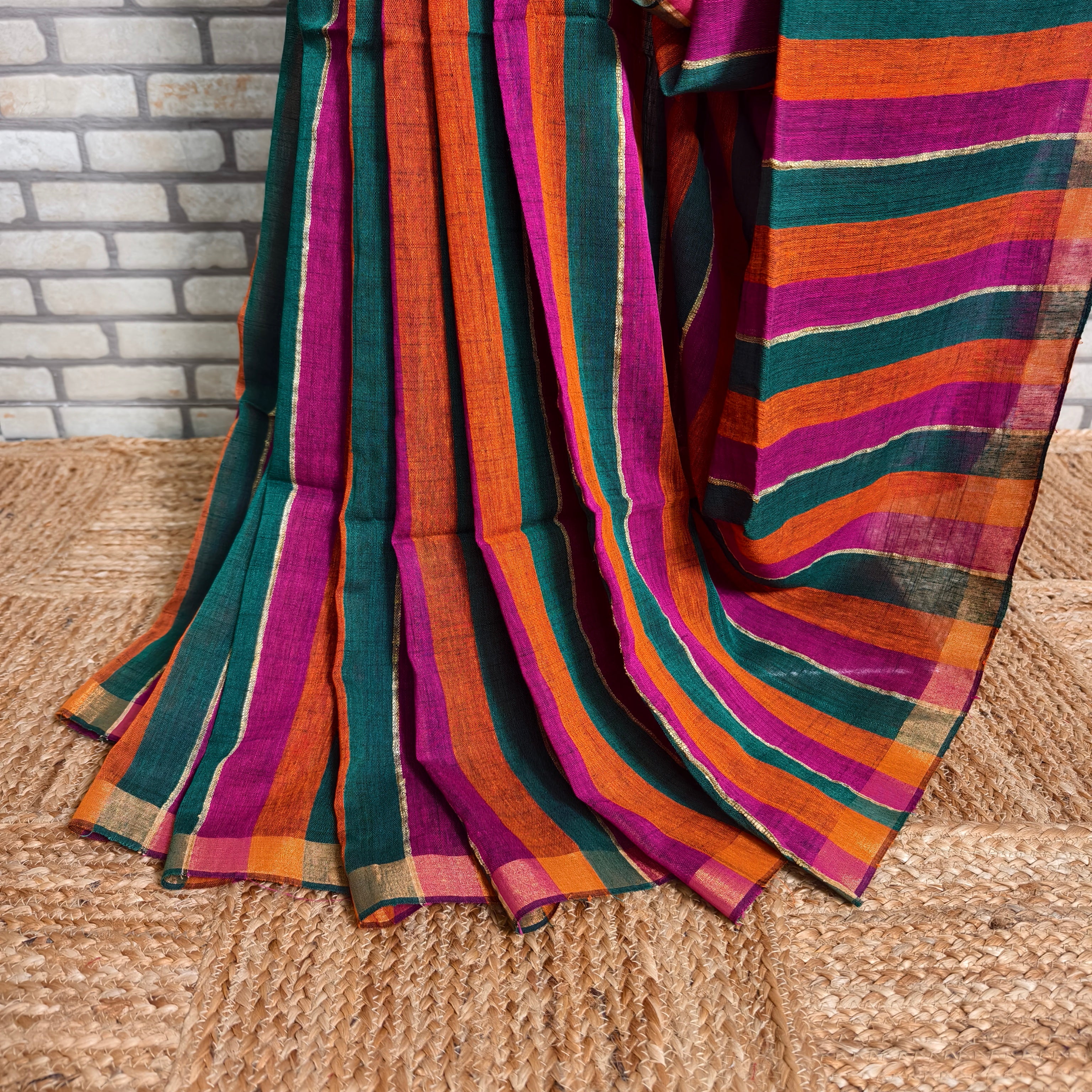 Bold Tricolour striped linen saree  (Green, Pink and Orange)