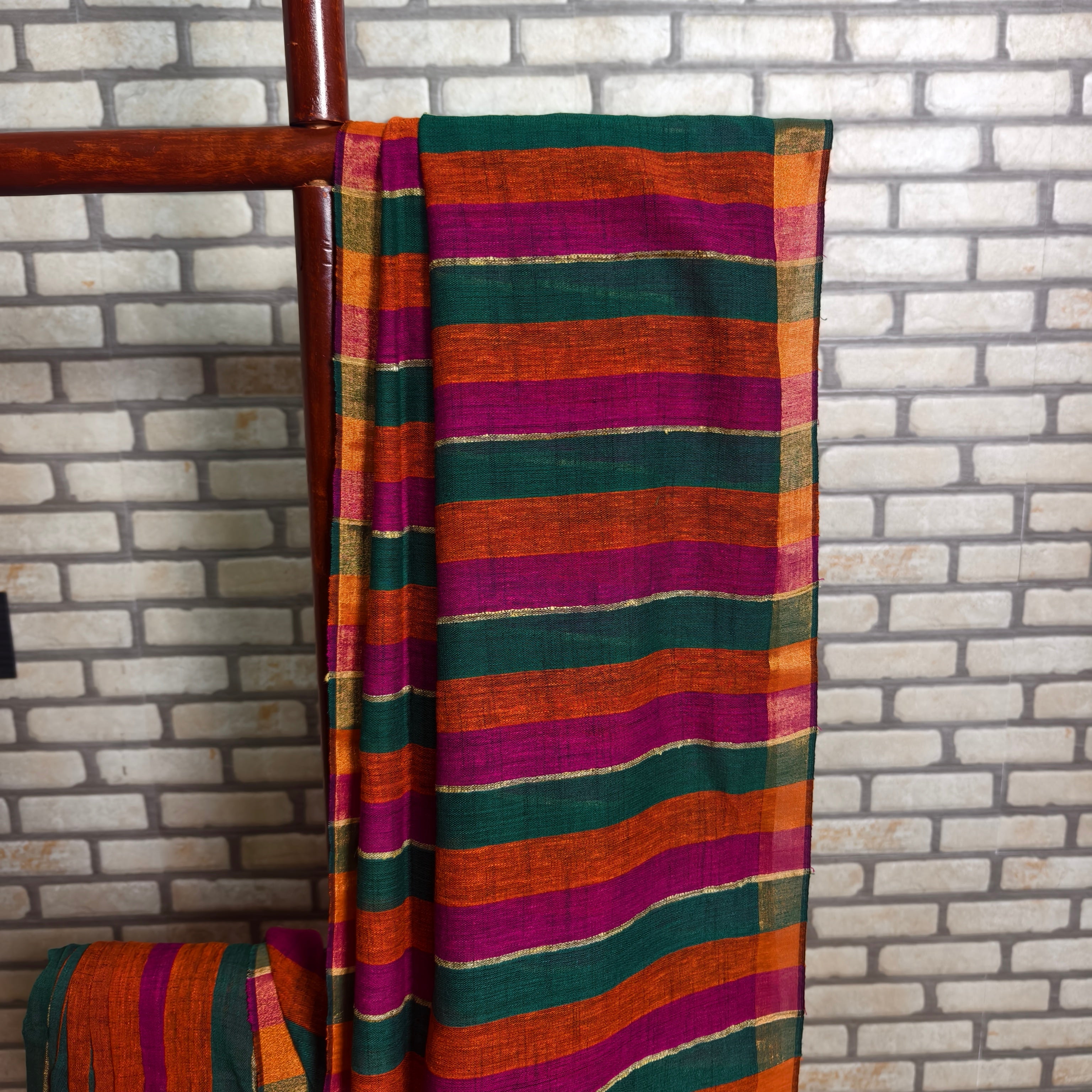 Bold Tricolour striped linen saree  (Green, Pink and Orange)