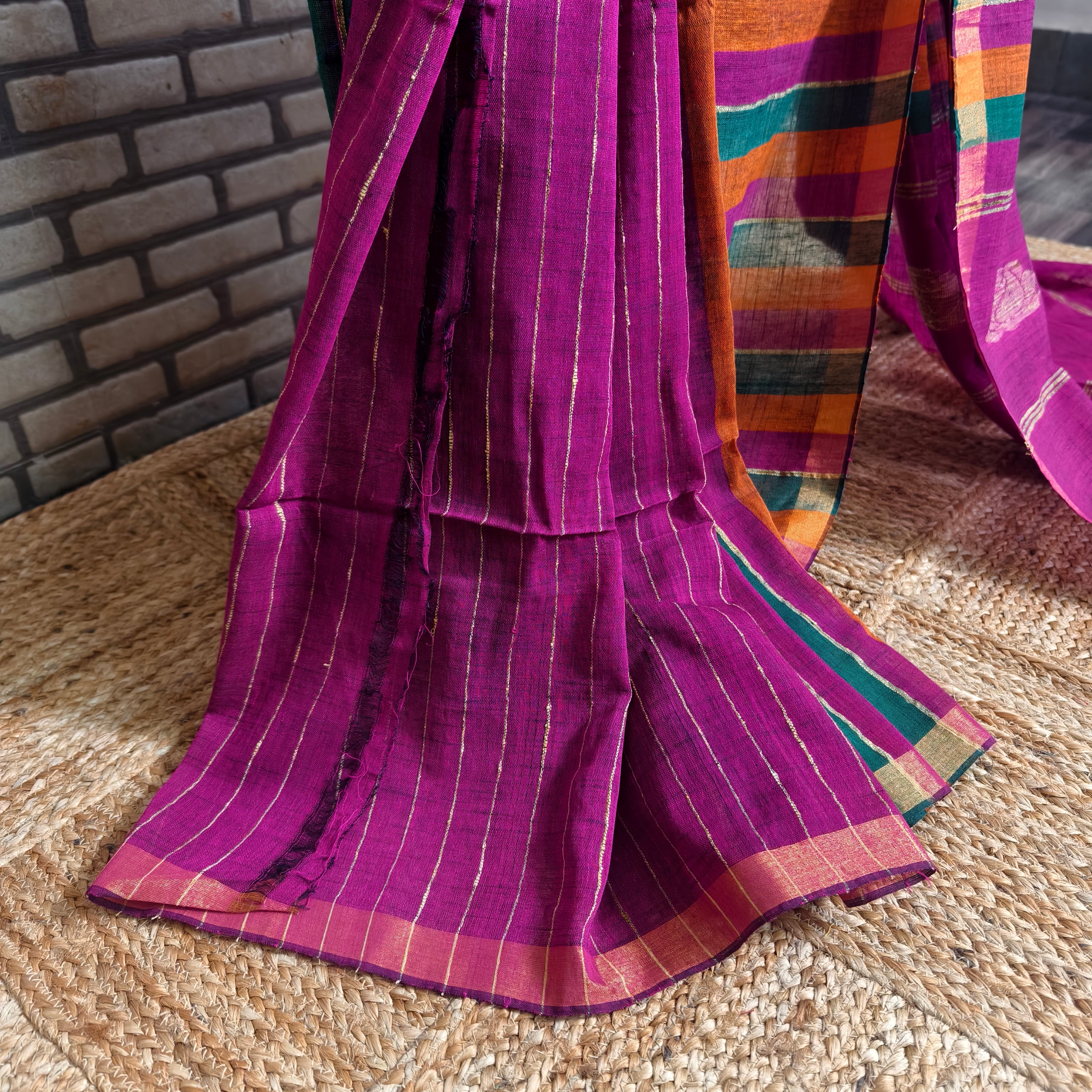 Bold Tricolour striped linen saree  (Green, Pink and Orange)