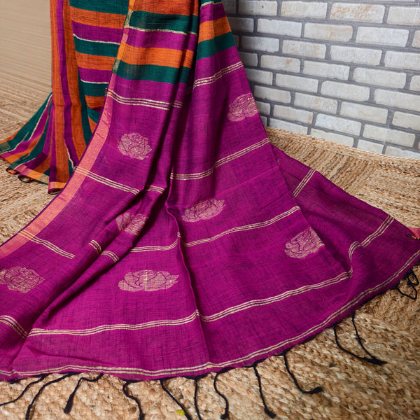 Bold Tricolour striped linen saree  (Green, Pink and Orange)