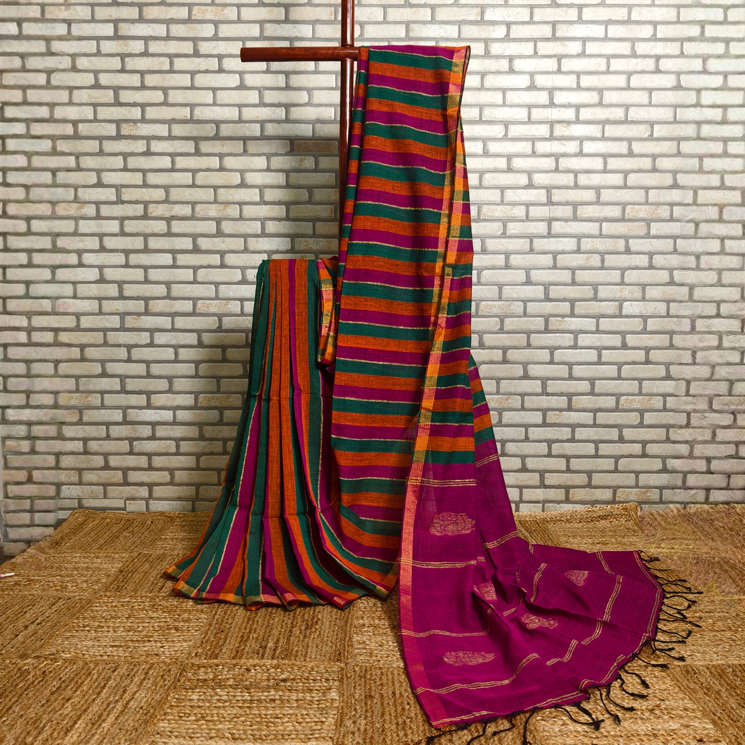 Bold Tricolour striped linen saree  (Green, Pink and Orange)