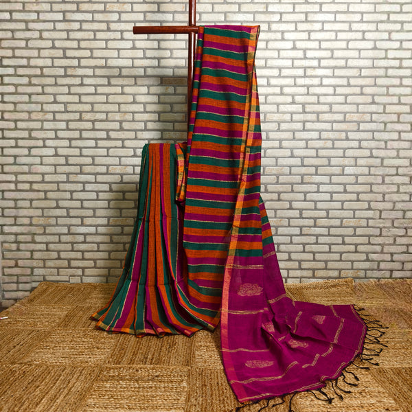 Bold Tricolour striped linen saree  (Green, Pink and Orange)