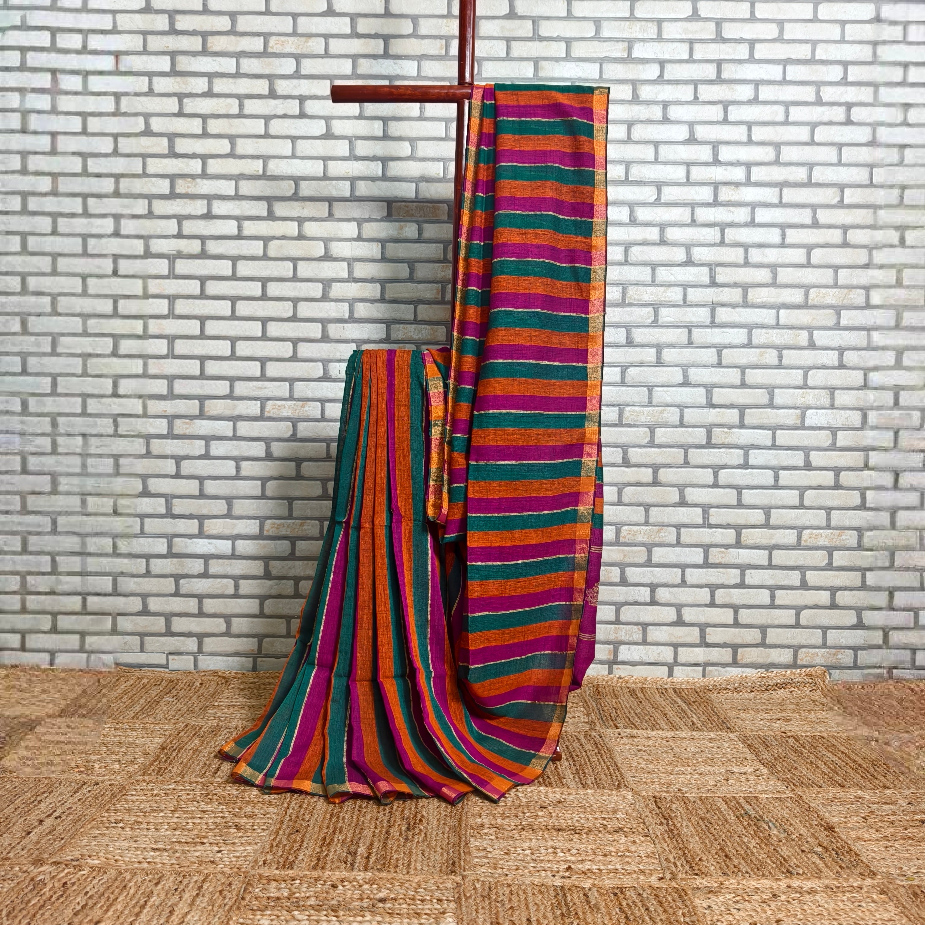 Bold Tricolour striped linen saree  (Green, Pink and Orange)