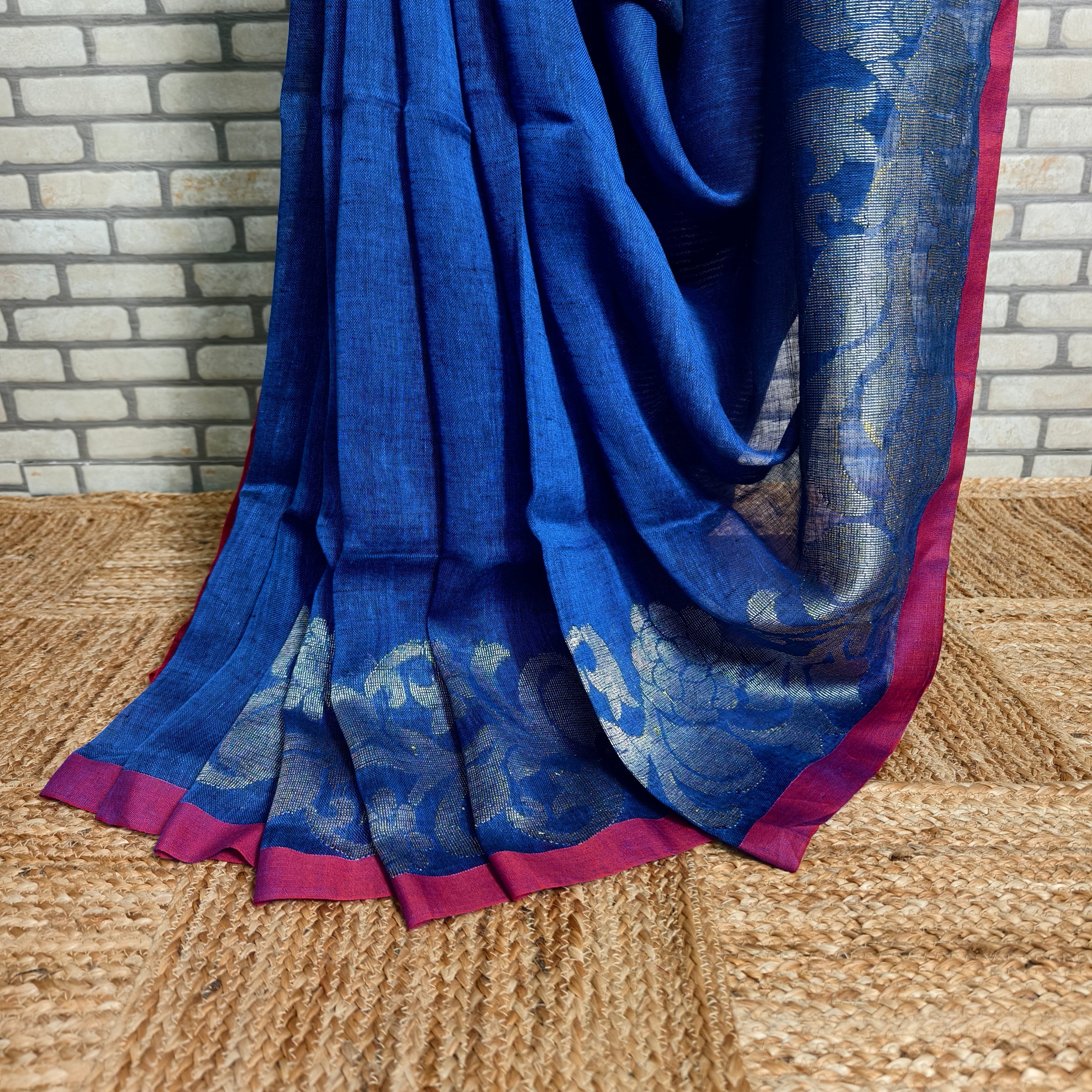 Royal blue linen saree silver floral jamdani