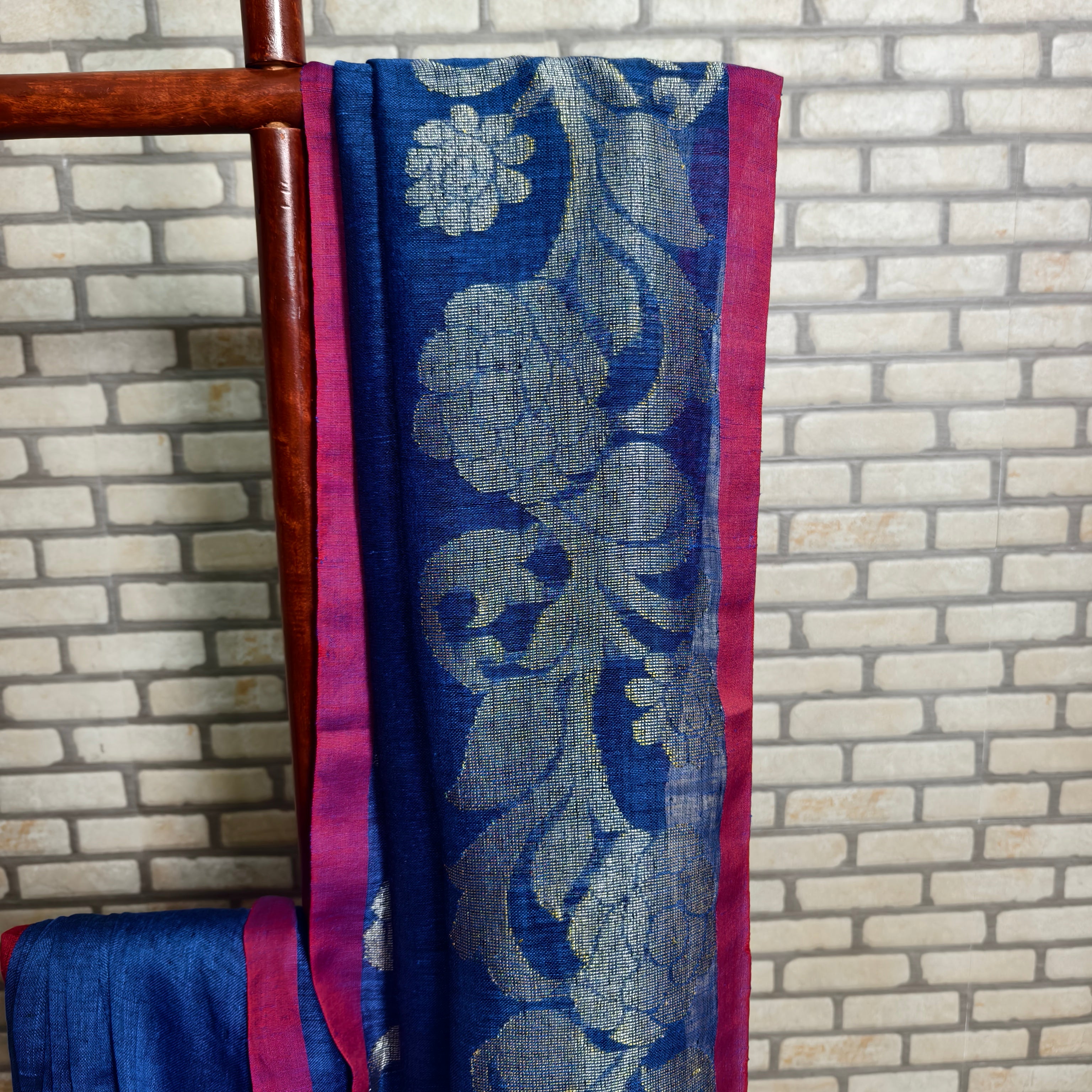 Royal blue linen saree silver floral jamdani