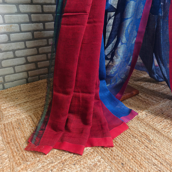 Royal blue linen saree silver floral jamdani