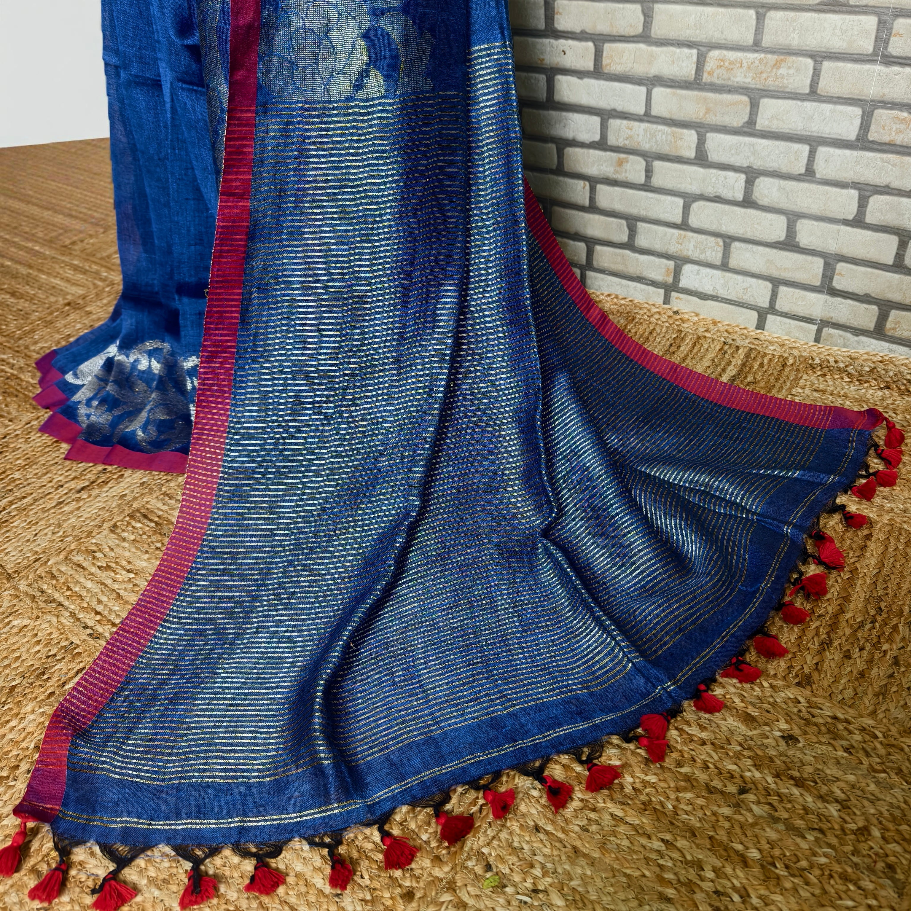 Royal blue linen saree silver floral jamdani