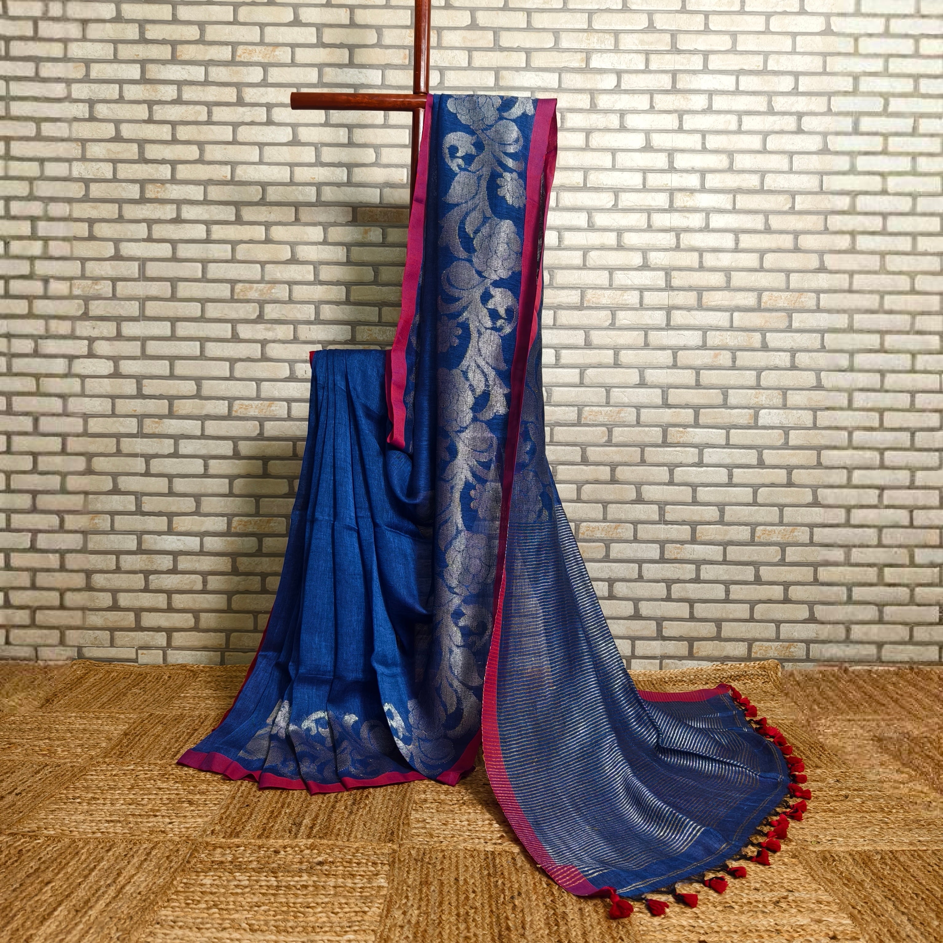 Royal blue linen saree silver floral jamdani