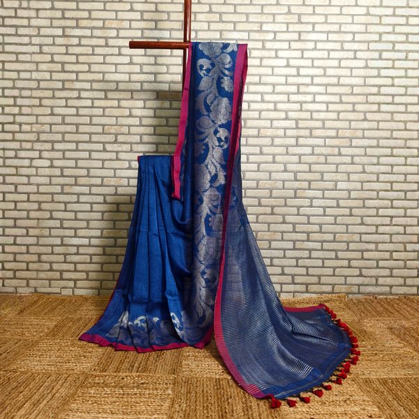 Royal blue linen saree silver floral jamdani