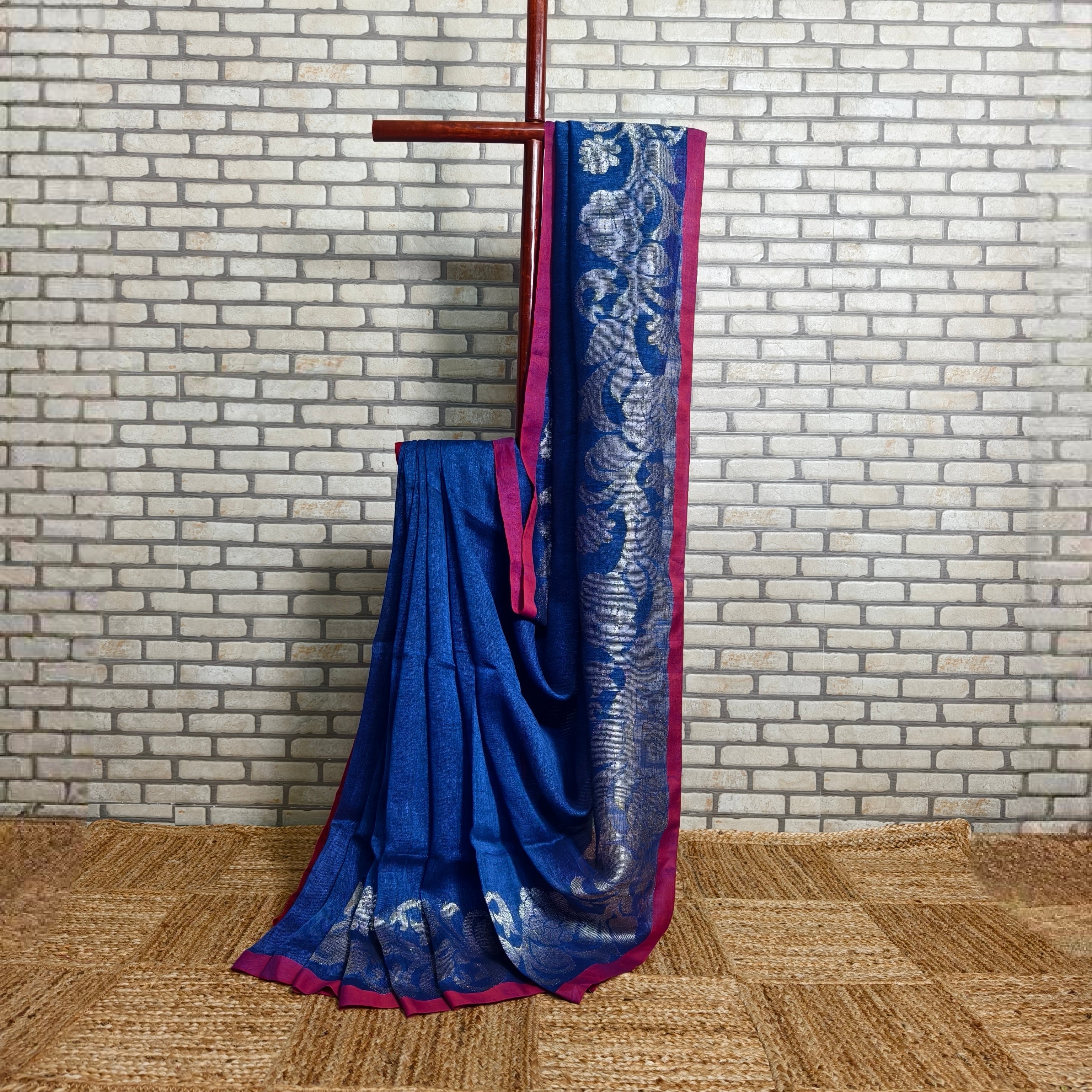 Royal blue linen saree silver floral jamdani