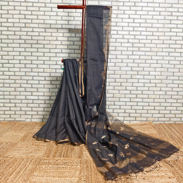 Khadi Checked Golden Border Linen Saree