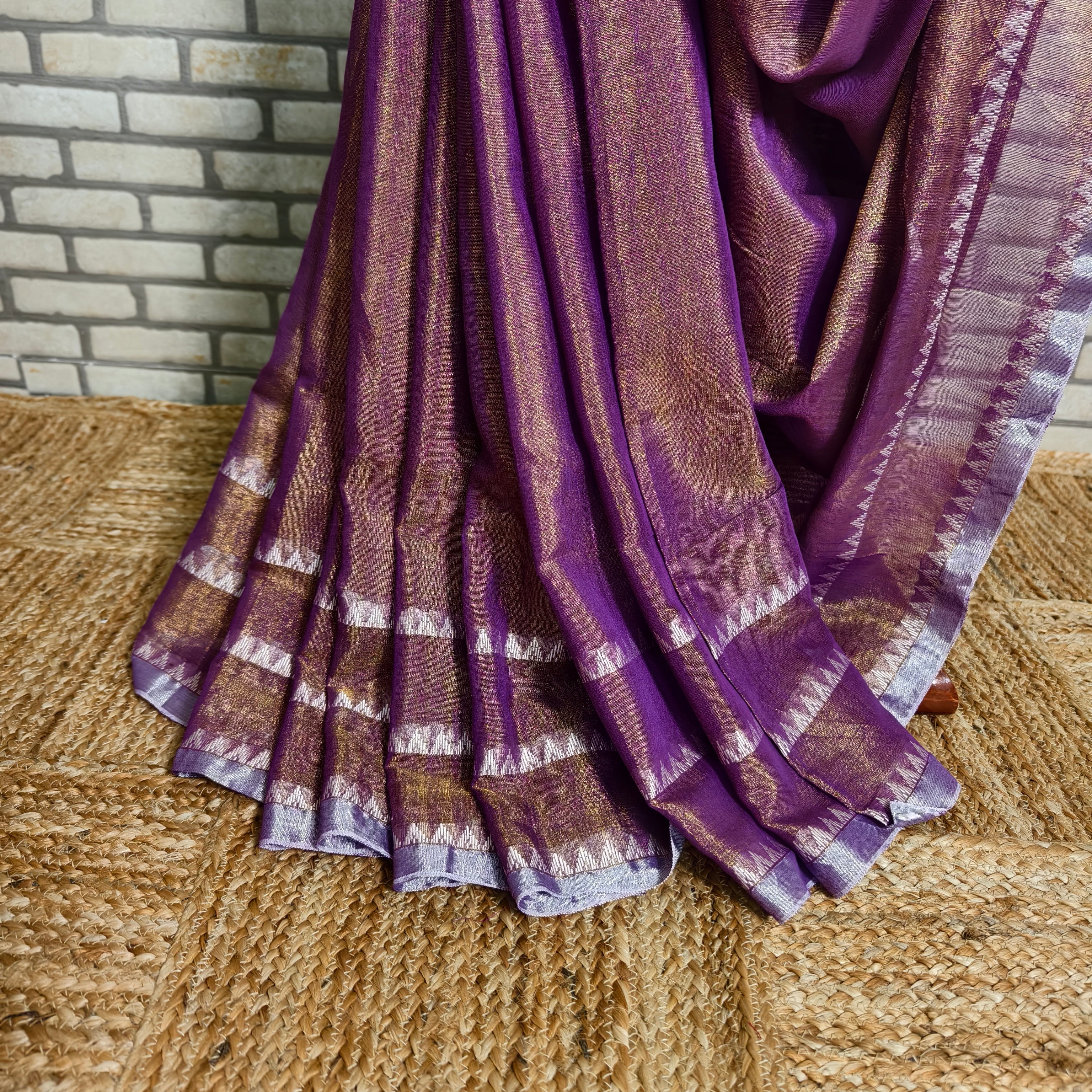 Purple Temple Border Linen Saree
