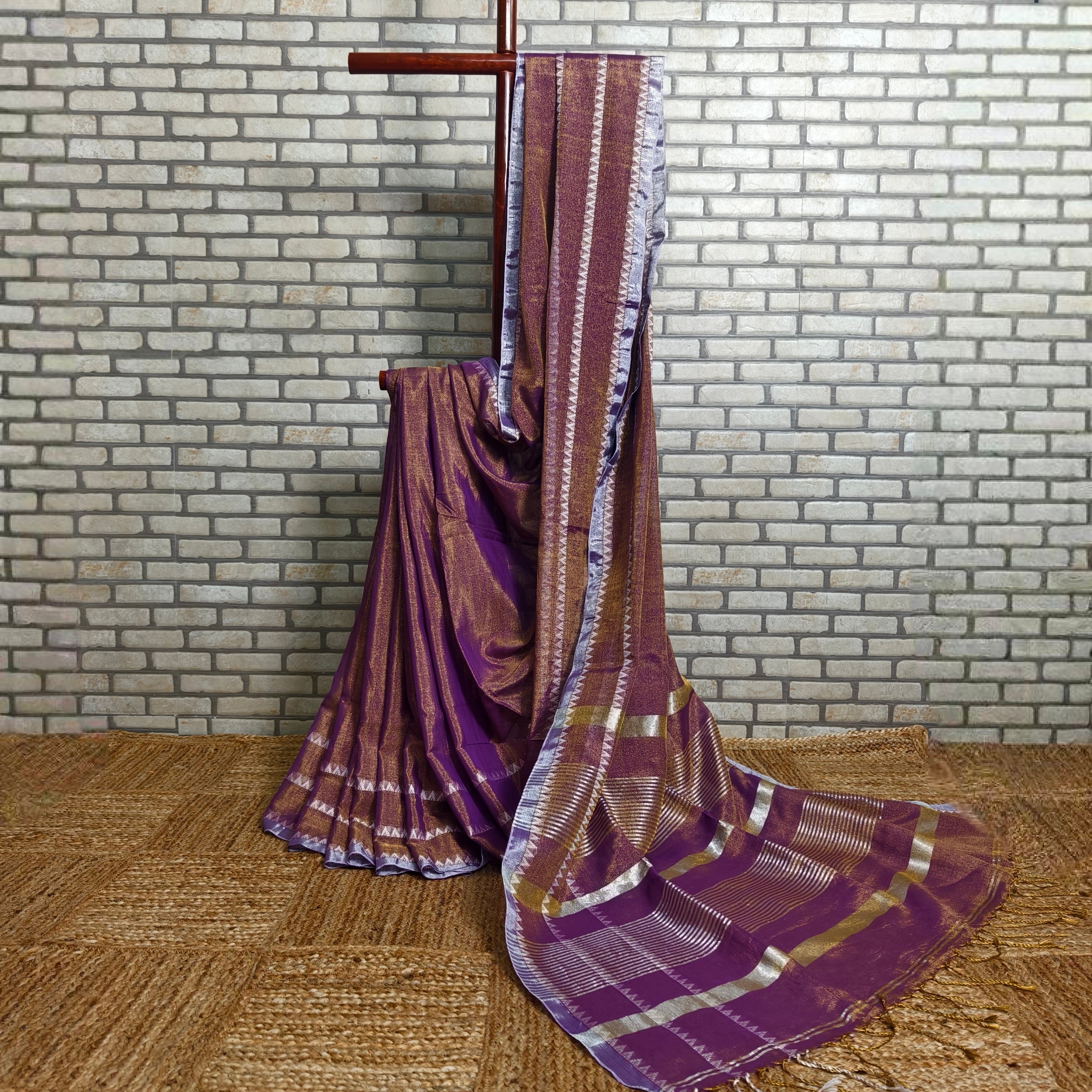 Purple Temple Border Linen Saree