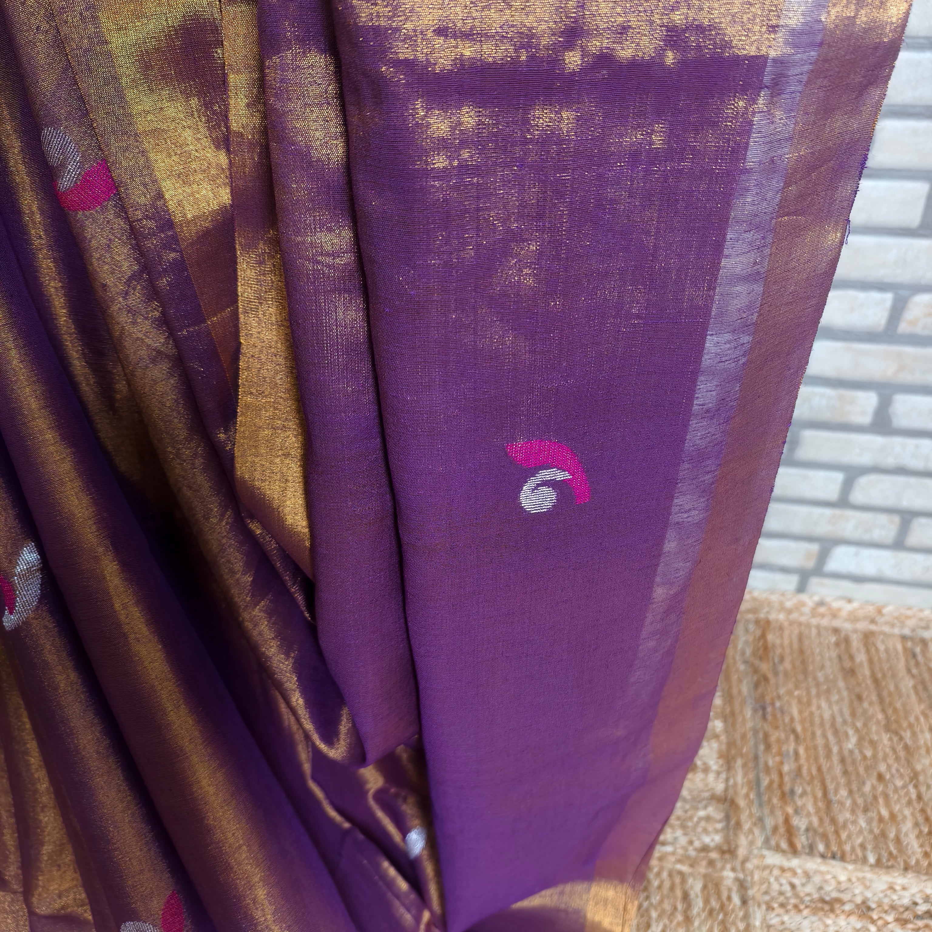 Purple Linen Saree with Pink-Silver Jamdani